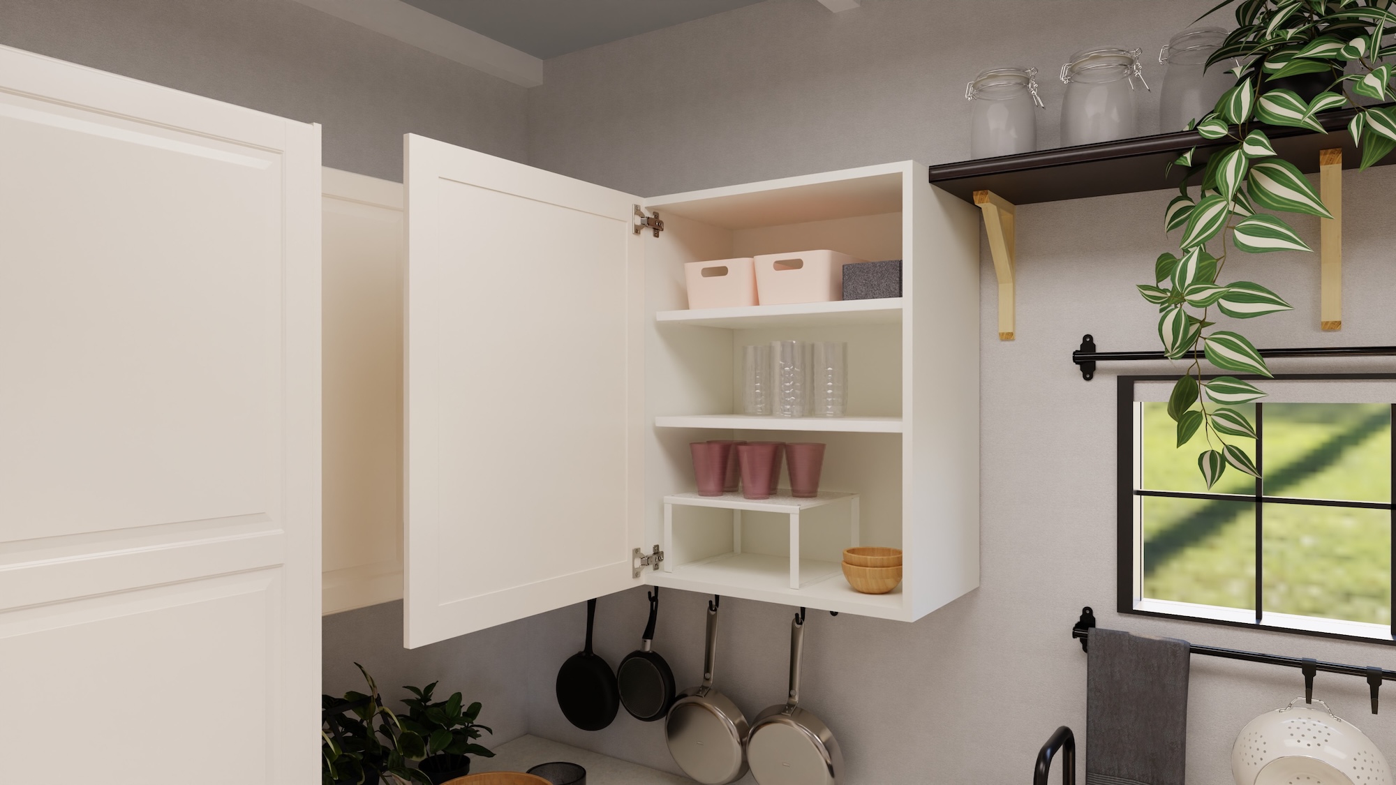 METOD kitchen with offwhite fronts and hvit/lys grå steinmønstret/laminat worktop, including appliances, showing kitchen from 3 different angles with examples of how to utilise kitchen storage.