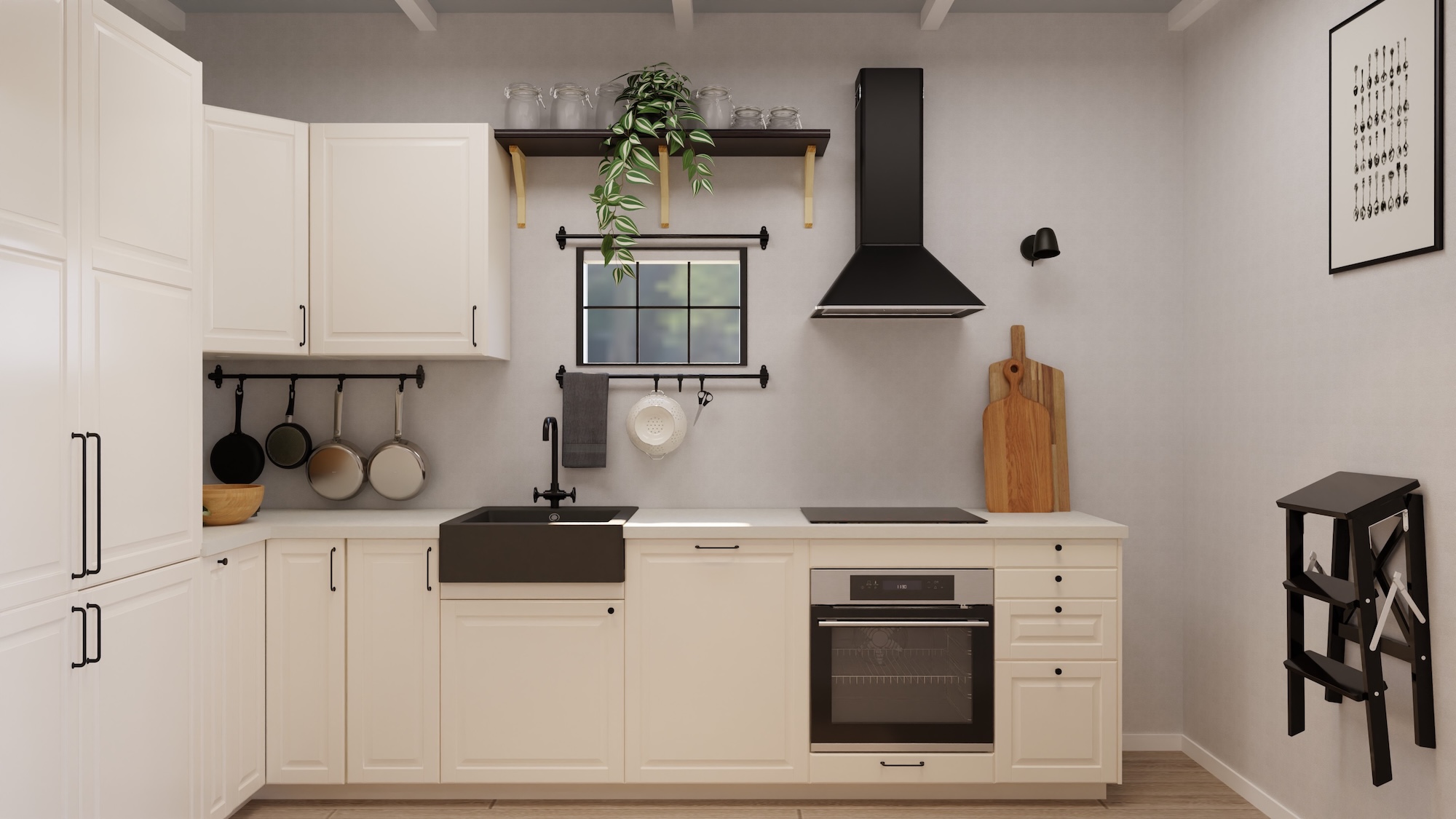 METOD kitchen with off-white fronts and white marble effect/quartz worktop, including appliances, showing kitchen from 3 different angles with examples of how to utilise kitchen storage.