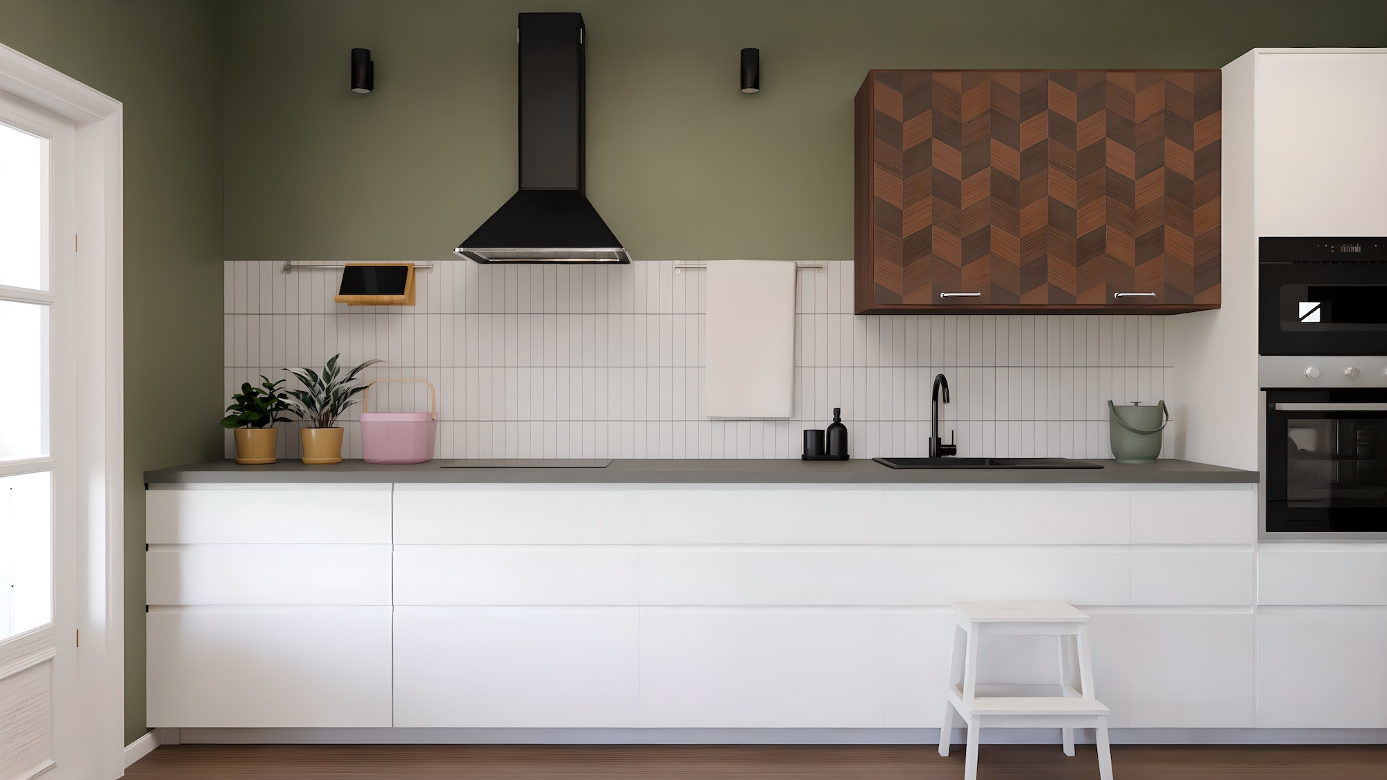 METOD kitchen with matta valkoinen fronts and tummanharmaa kivikuvio/laminaatti worktop, including appliances, showing kitchen from 3 different angles with examples of how to utilise kitchen storage.