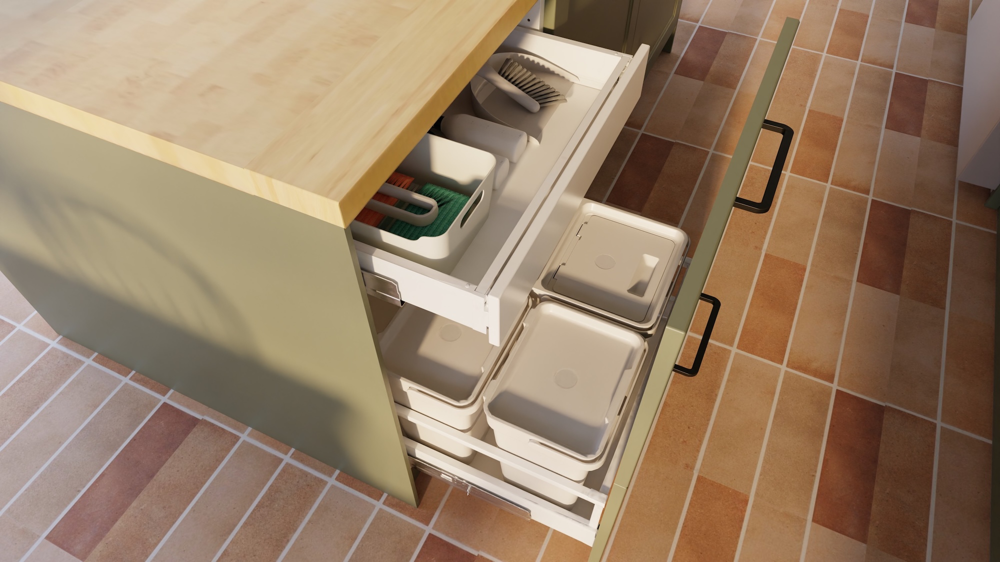SEKTION kitchen with gray-green fronts and birch/veneer worktop, including appliances, showing kitchen from 3 different angles with examples of how to utilise kitchen storage.