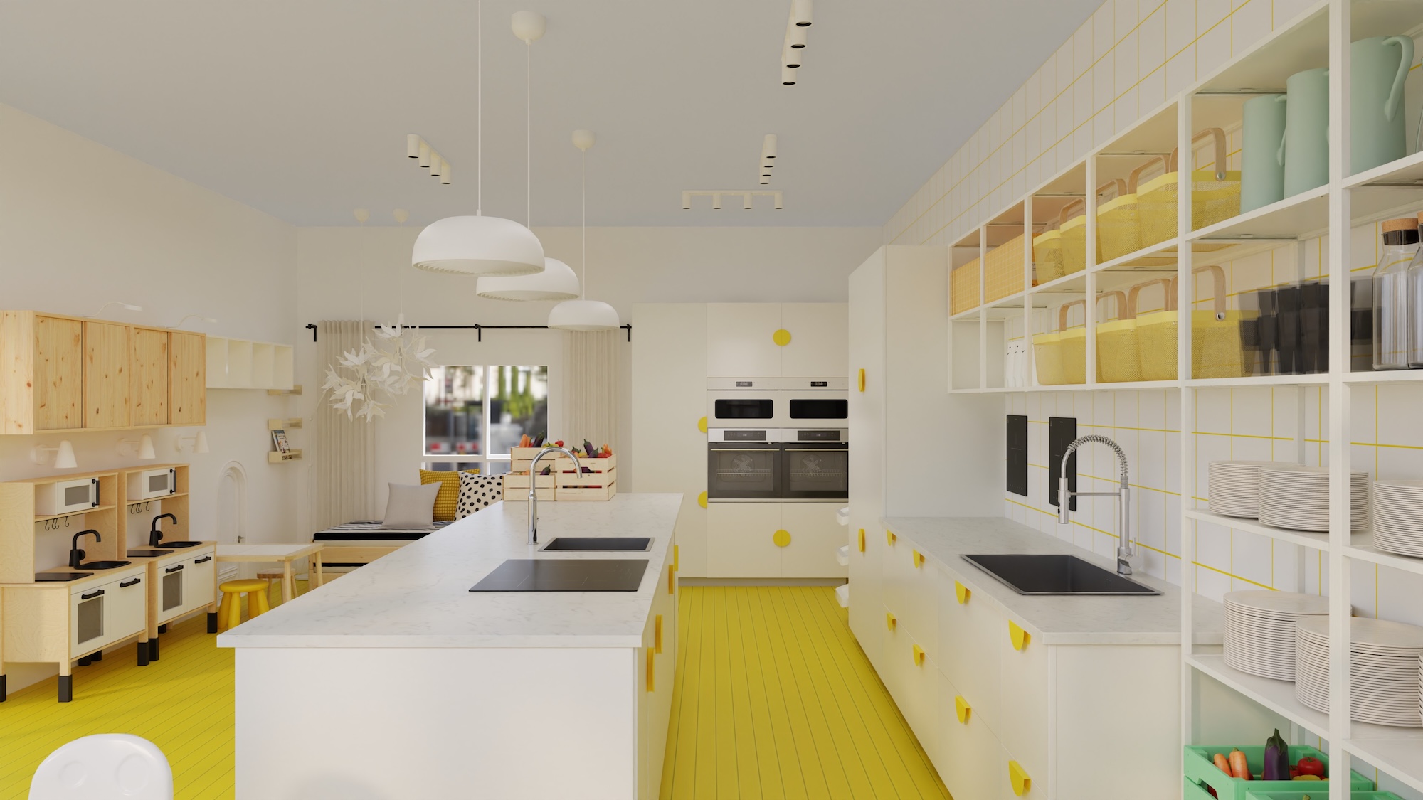 METOD kitchen with white fronts and white marble effect/laminate worktop, including appliances, showing kitchen from 3 different angles with examples of how to utilise kitchen storage.