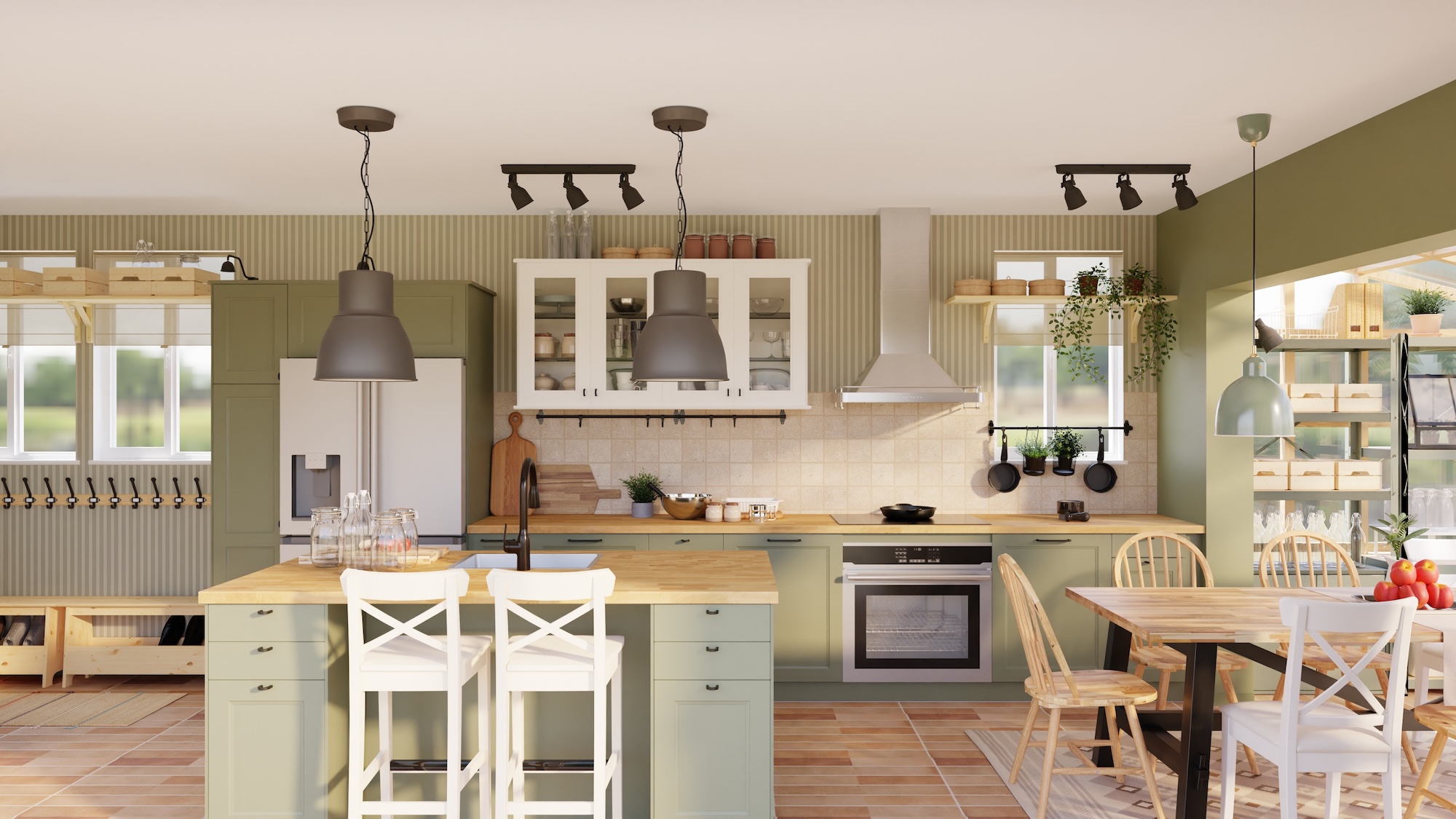 SEKTION kitchen with gray-green fronts and oak/veneer worktop, including appliances, showing kitchen from 3 different angles with examples of how to utilise kitchen storage.