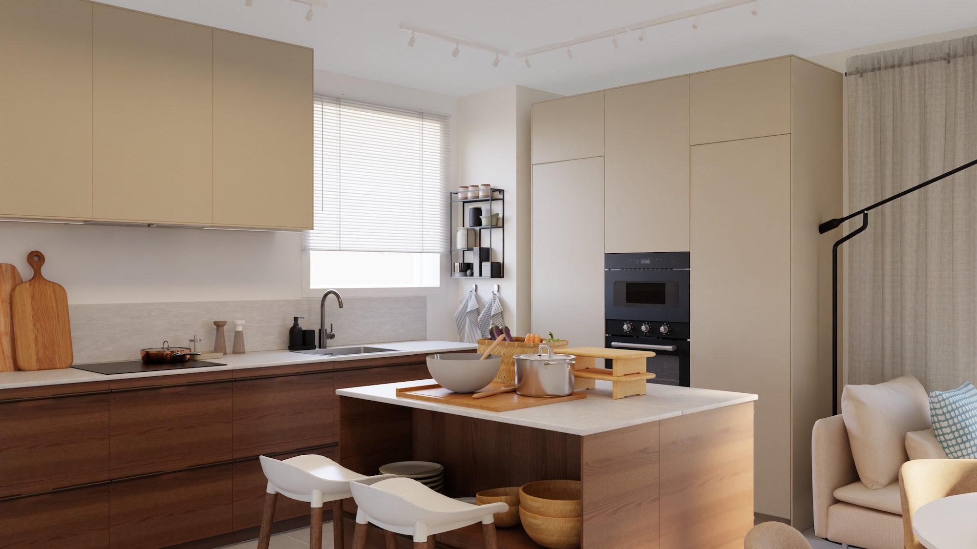 METOD kitchen with dark brown ash veneer fronts and white/grey stone effect/glass composite worktop, including appliances, showing kitchen from 3 different angles with examples of how to utilise kitchen storage.