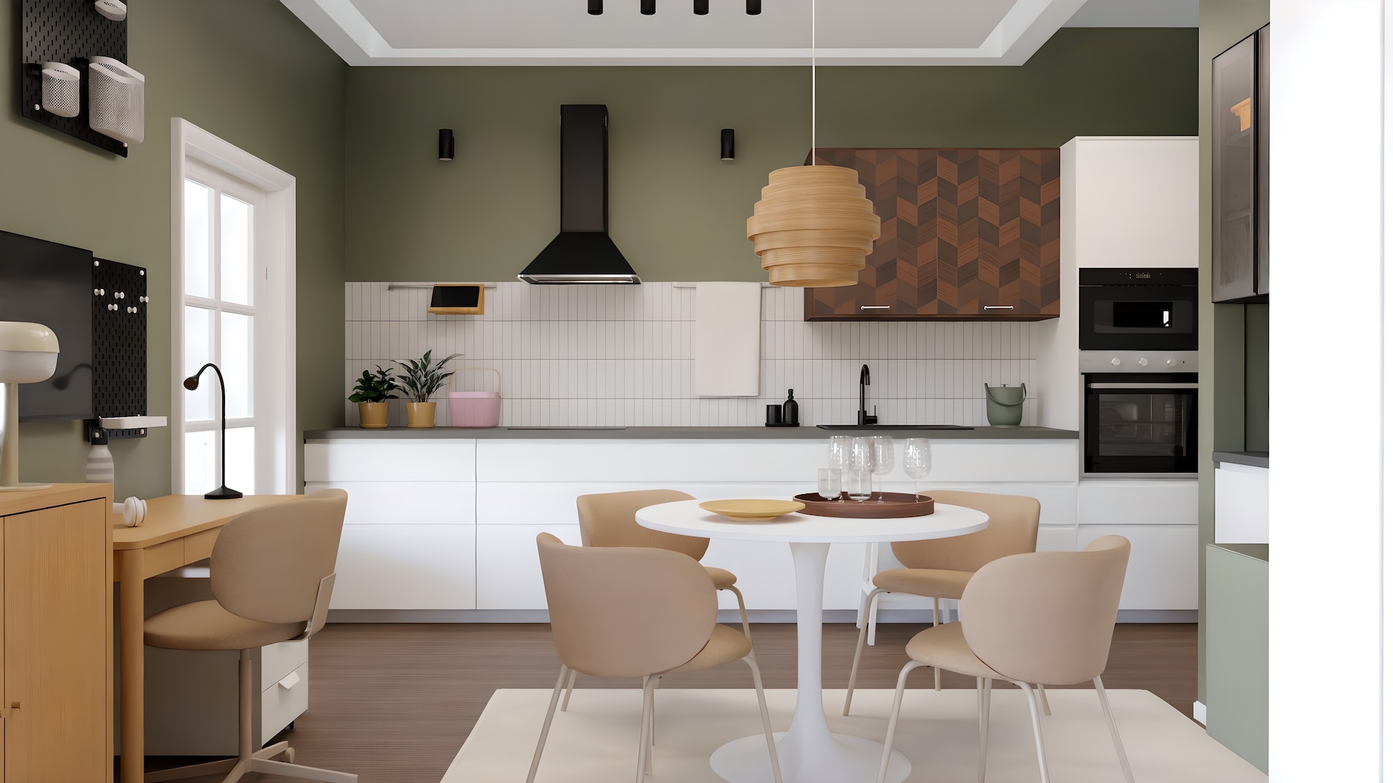 METOD kitchen with matta valkoinen fronts and tummanharmaa kivikuvio/laminaatti worktop, including appliances, showing kitchen from 3 different angles with examples of how to utilise kitchen storage.