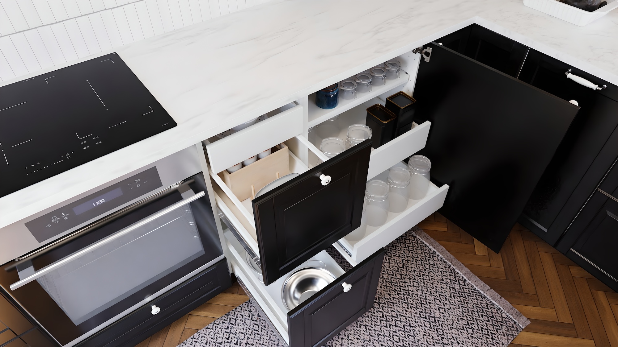 Cuisine METOD avec façades noir, plan de travail blanc marbré/stratifié et électroménagers inclus, présentée sous trois angles différents avec des exemples d’utilisation des rangements de la cuisine.