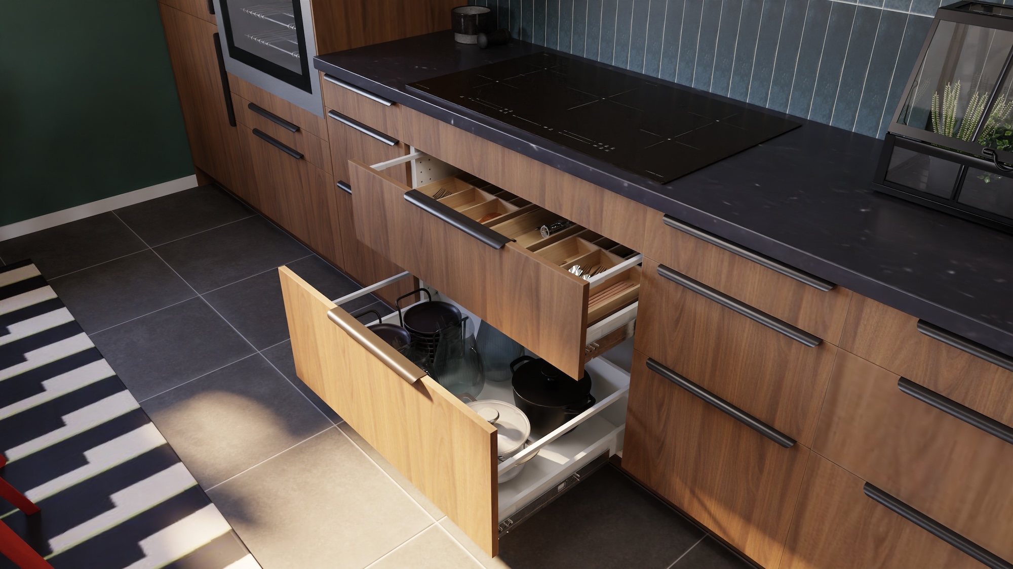 SEKTION kitchen with brown walnut effect fronts and dark gray stone effect/laminate worktop, including appliances, showing kitchen from 3 different angles with examples of how to utilise kitchen storage.