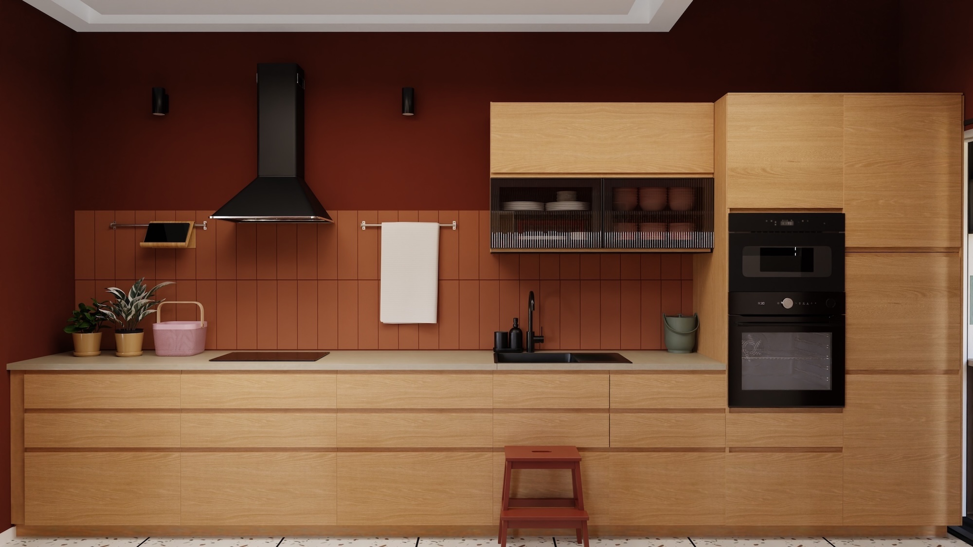 METOD kitchen with oak effect fronts and grey-beige stone effect/laminate worktop, including appliances, showing kitchen from 3 different angles with examples of how to utilise kitchen storage.