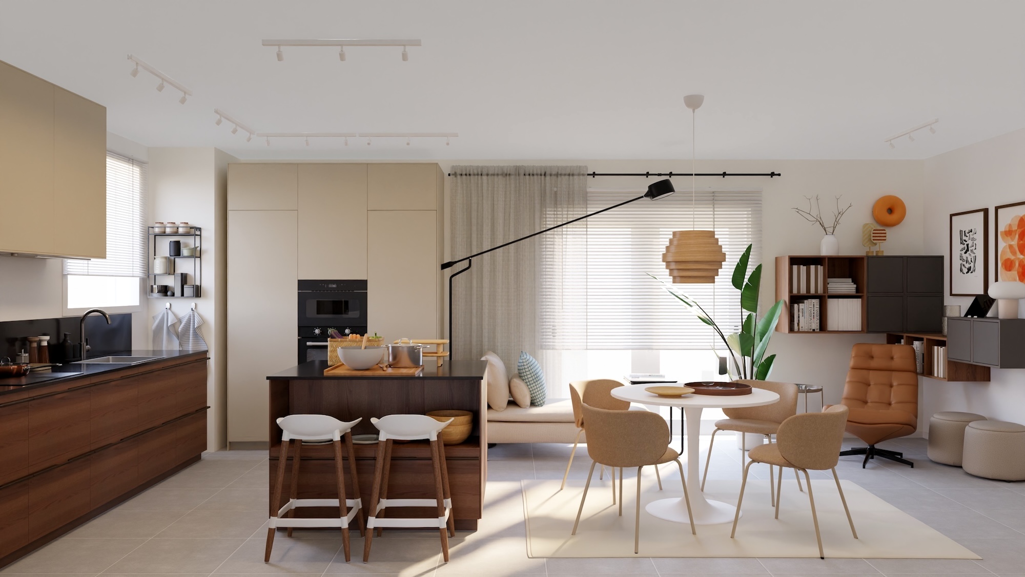 Et METODkøkken med mørkebrun asketræsfiner fronter og antracit stenmønstret/glaskomposit min. 80% genanv glas bordplade, inkl. hvidevarer, køkkenet vises fra 3 forskellige vinkler med eksempler på, hvordan køkkenopbevaring kan udnyttes.