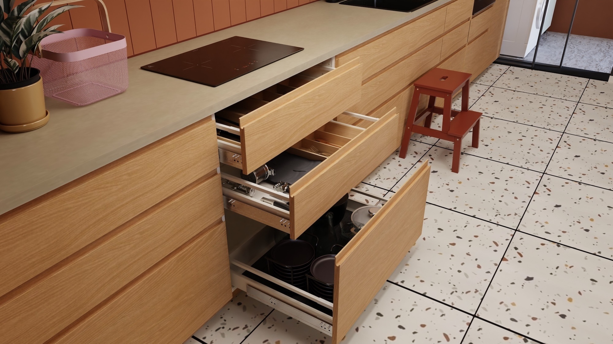 METOD kitchen with oak effect fronts and grey-beige stone effect/laminate worktop, including appliances, showing kitchen from 3 different angles with examples of how to utilise kitchen storage.