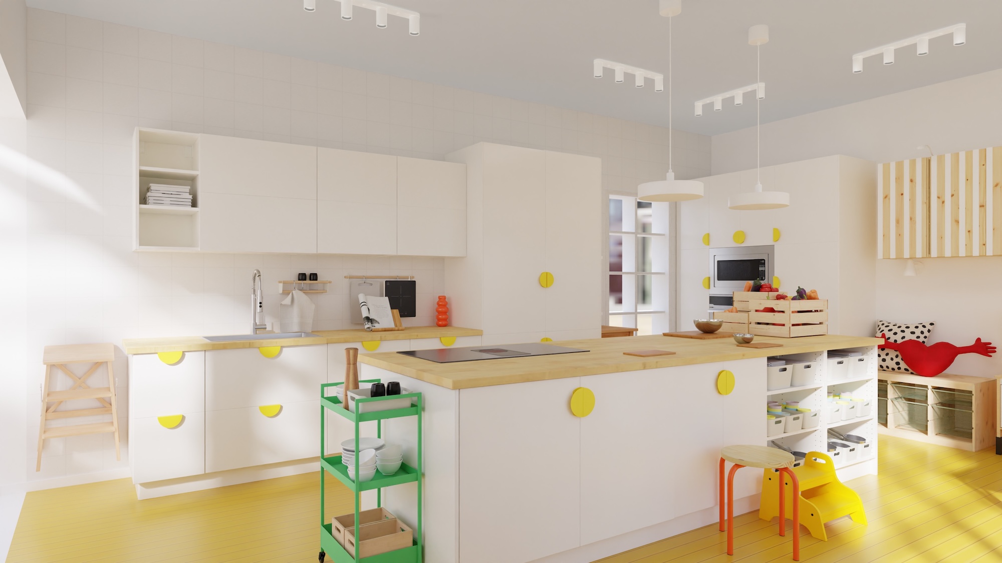 SEKTION kitchen with white fronts and birch/veneer worktop, including appliances, showing kitchen from 3 different angles with examples of how to utilise kitchen storage.
