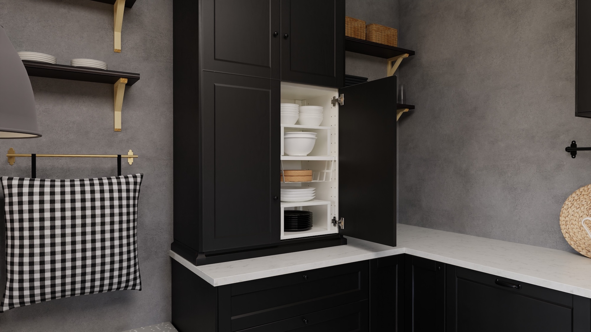 METOD Küche mit schwarz lasiert Fronten und weiß marmoriert/Laminat Arbeitsplatte, einschließlich Elektrogeräten, die die Küche aus 3 verschiedenen Blickwinkeln zeigt, mit Beispielen für die Verwendung von Stauraum in der Küche.