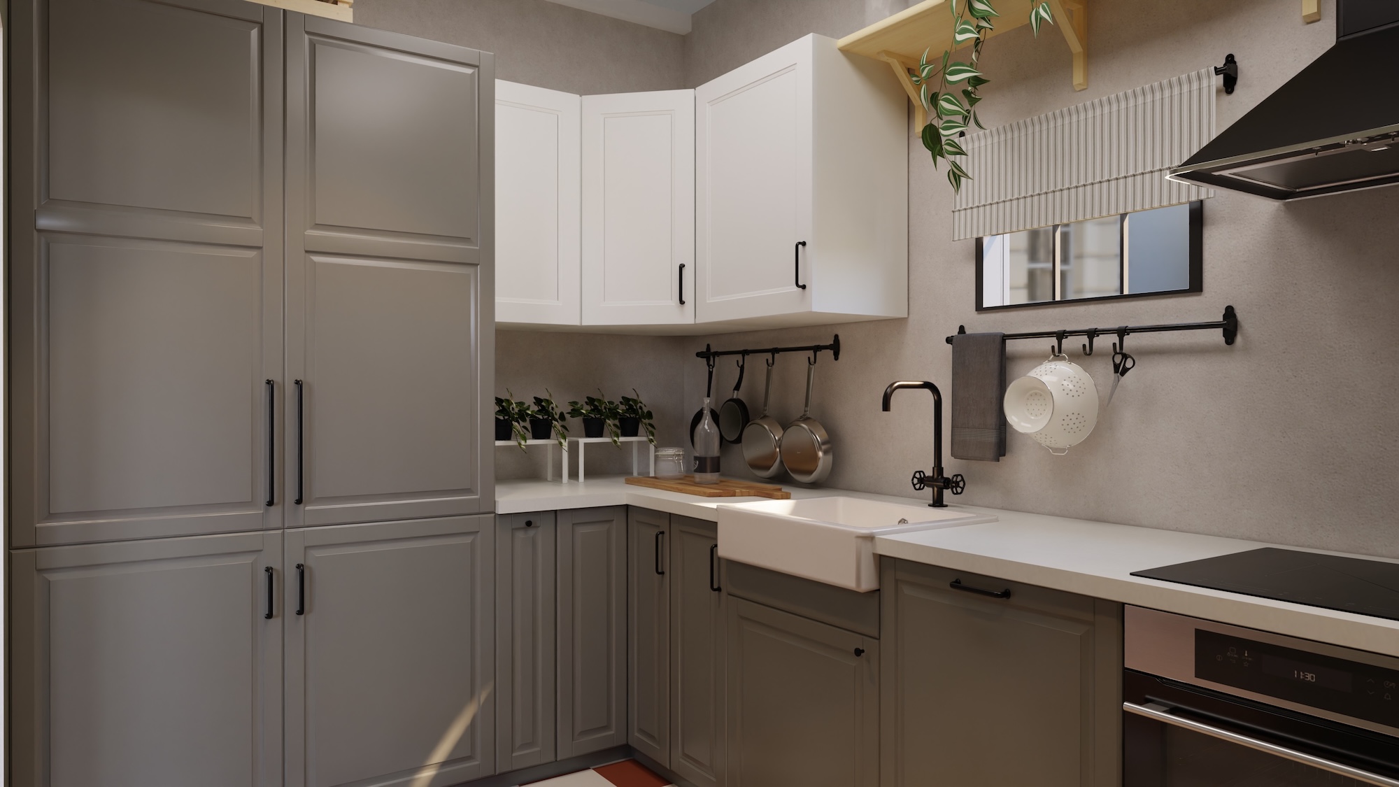 METOD 메토드 kitchen with 그레이 fronts and 화이트/라이트그레이 스톤 효과/라미네이트 worktop, including appliances, showing kitchen from 3 different angles with examples of how to utilise kitchen storage.