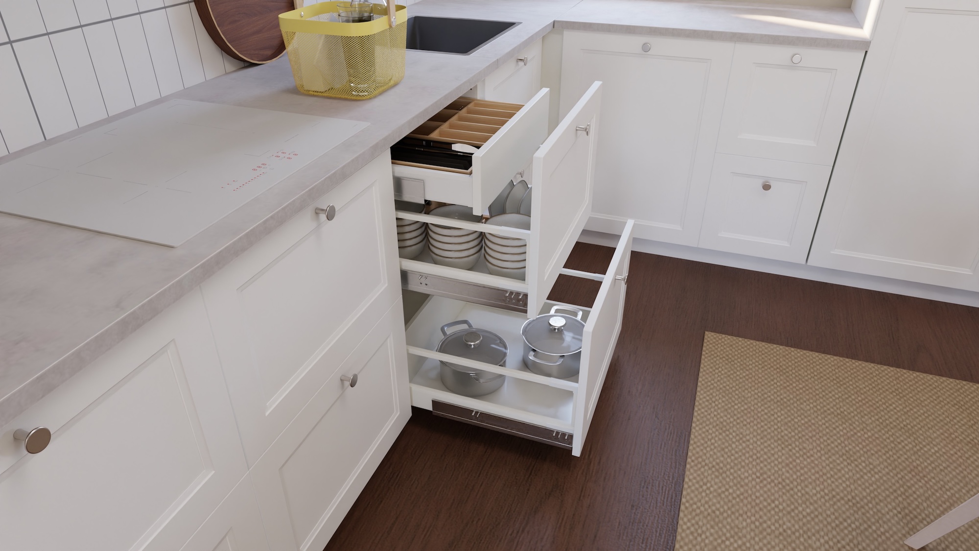 METOD kitchen with matt white fronts and light grey concrete effect/laminate worktop, including appliances, showing kitchen from 3 different angles with examples of how to utilise kitchen storage.