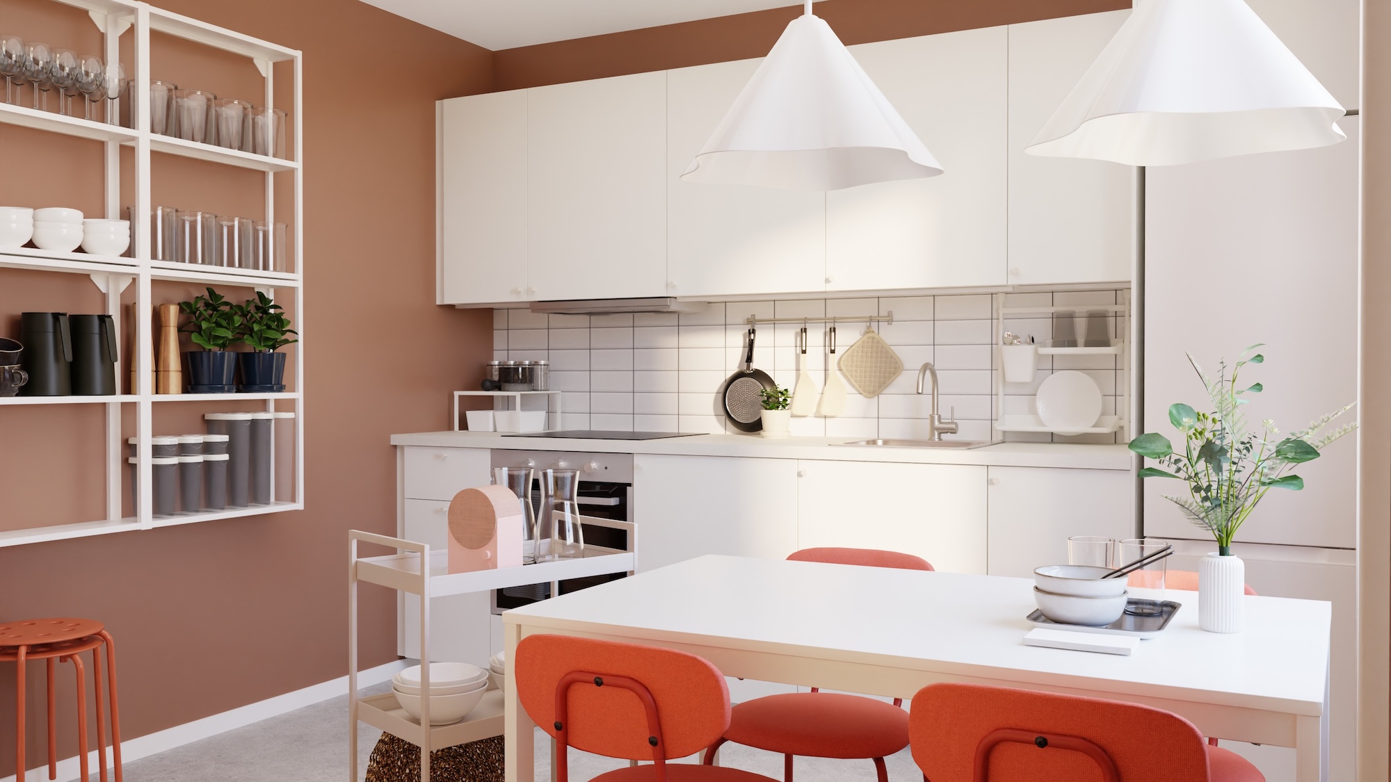 METOD kitchen with white fronts and white/light grey stone effect/laminate worktop, including appliances, showing kitchen from 3 different angles with examples of how to utilise kitchen storage.