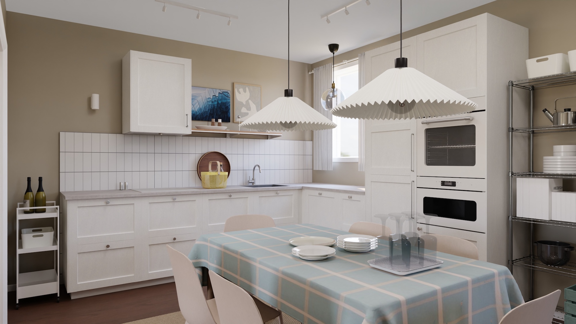 Kuchyně METOD s bílá vzor dřeva čely a světle šedá imitace betonu/laminát pracovní deskou, včetně spotřebičů, zobrazená ze 3 různých úhlů pohledu s ukázkou využití kuchyňských úložných prostor.
