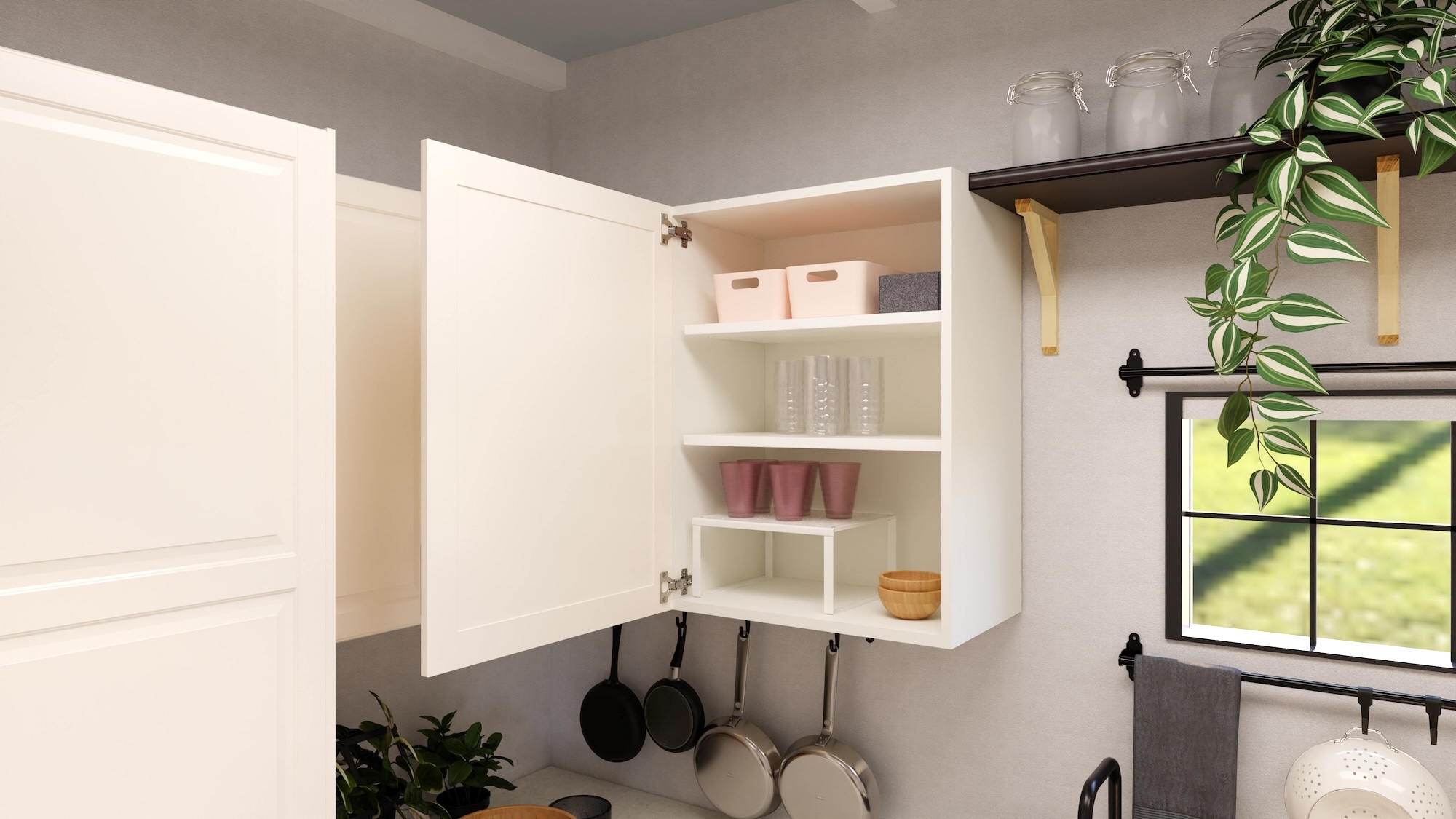 Cuisine METOD avec façades blanc cassé, plan de travail blanc marbré/quartz et électroménagers inclus, présentée sous trois angles différents avec des exemples d’utilisation des rangements.