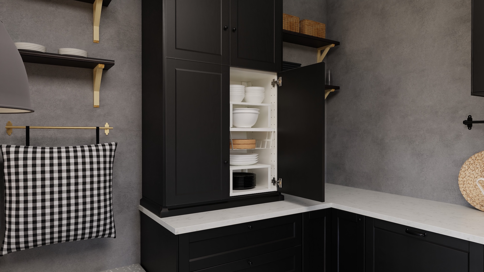 METOD kitchen with mustaksi petsattu fronts and valkoinen marmorikuvio/laminaatti worktop, including appliances, showing kitchen from 3 different angles with examples of how to utilise kitchen storage.