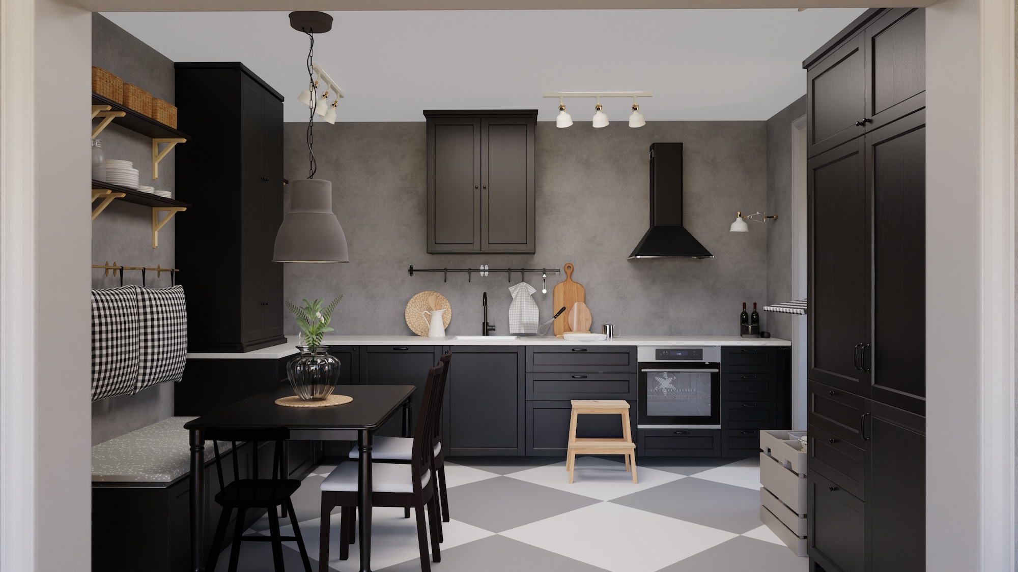 METOD Küche mit schwarz lasiert Fronten und weiß marmoriert/Laminat Arbeitsplatte, einschließlich Elektrogeräten, die die Küche aus 3 verschiedenen Blickwinkeln zeigt, mit Beispielen für die Verwendung von Stauraum in der Küche.