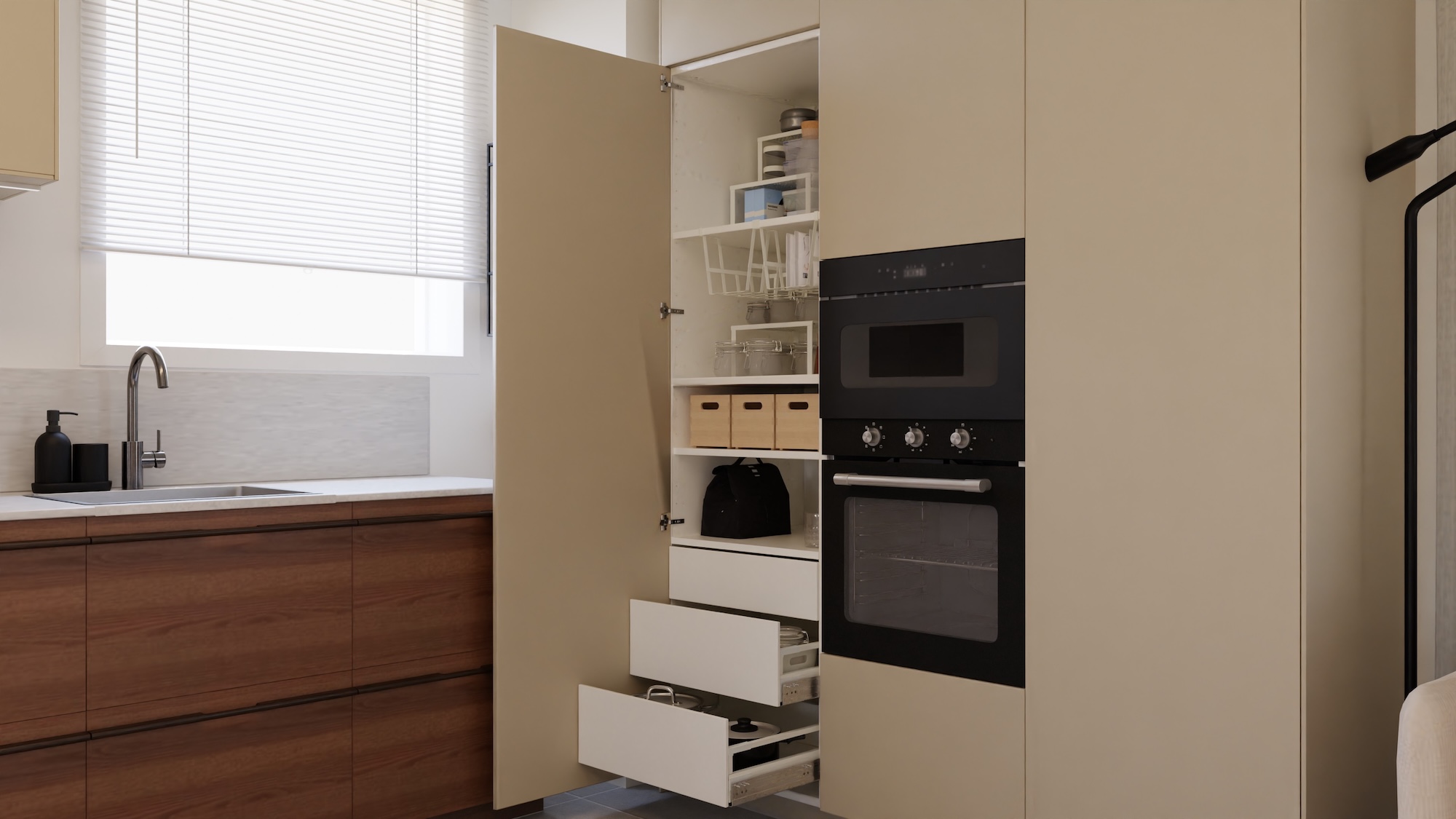 METOD kitchen with dark brown ash veneer fronts and white/grey stone effect/glass composite worktop, including appliances, showing kitchen from 3 different angles with examples of how to utilise kitchen storage.