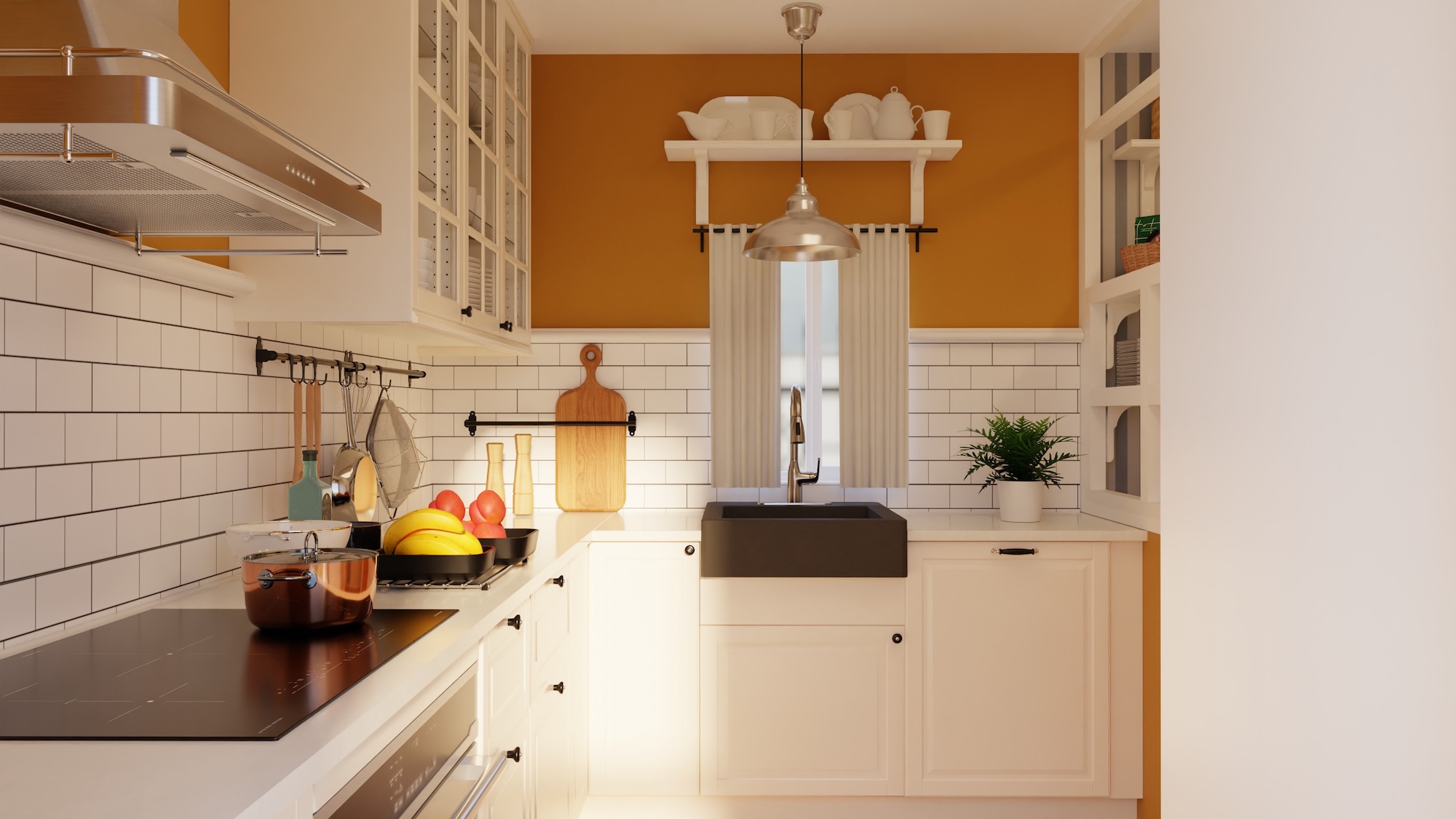 SEKTION kitchen with off-white fronts and light gray/white marble effect/glass composite worktop, including appliances, showing kitchen from 3 different angles with examples of how to utilise kitchen storage.