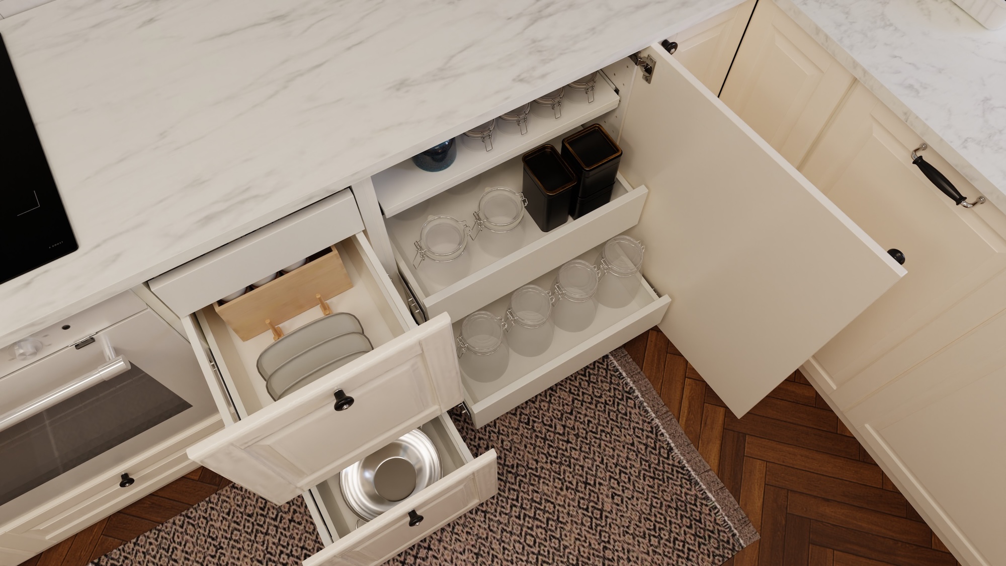 METOD kitchen with off-white fronts and white marble effect/laminate worktop, including appliances, showing kitchen from 3 different angles with examples of how to utilise kitchen storage.