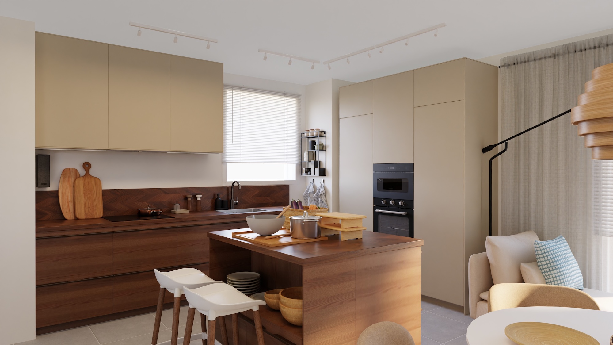 METOD kuhinja z temno rjava jesenov furnir ličnicami in oreh/furnir pultom, vključno z aparati, prikazana s 3 različnih kotov s primeri, kako uporabiti rešitve za shranjevanje v kuhinji.