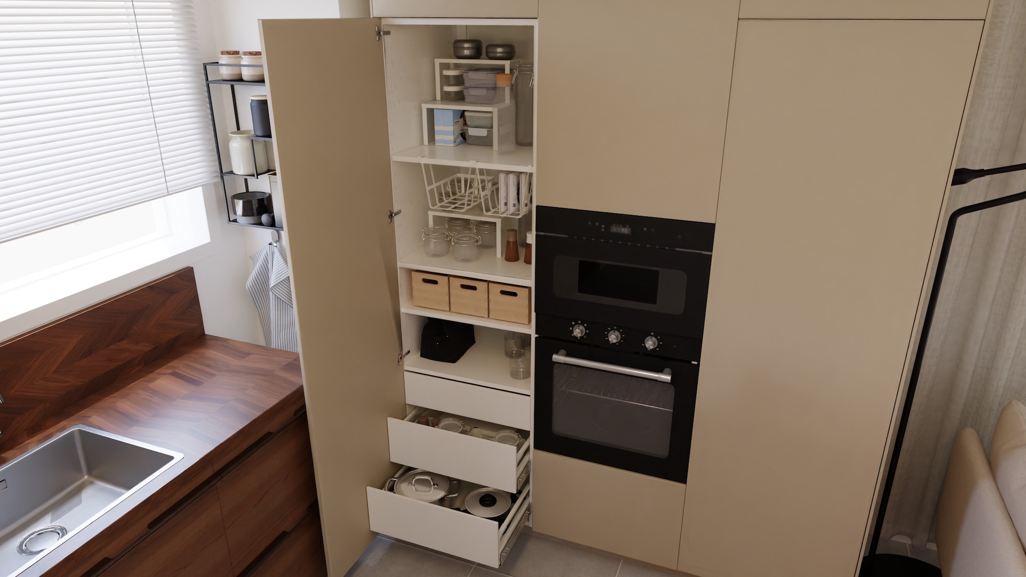 Cucina METOD con frontali marrone scuro impiallacciatura di frassino e piano di lavoro noce/impiallacciatura, con elettrodomestici. La cucina è mostrata da 3 diverse angolazioni, con esempi su come organizzare gli spazi.