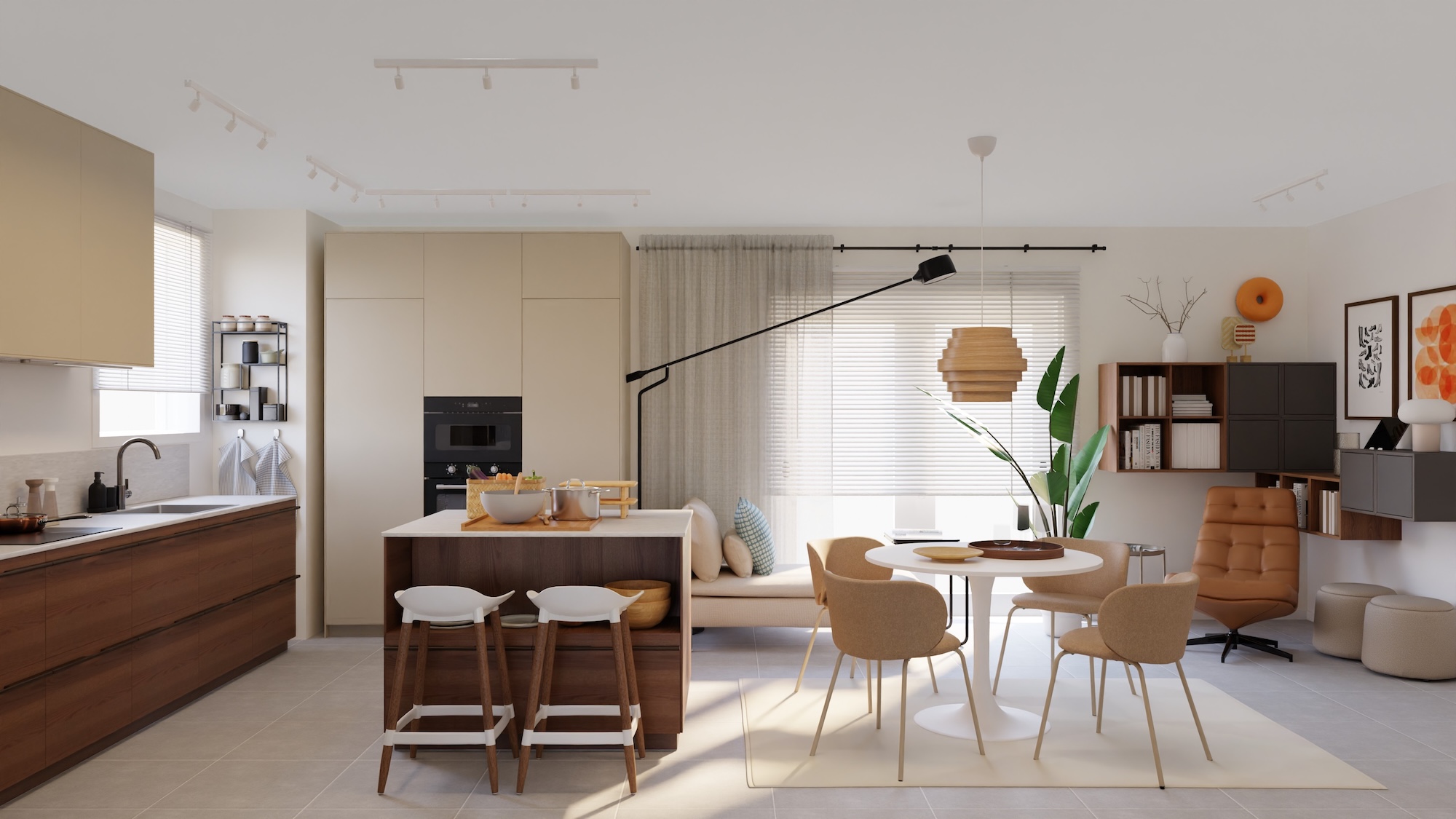 METOD kitchen with dark brown ash veneer fronts and white/grey stone effect/glass composite worktop, including appliances, showing kitchen from 3 different angles with examples of how to utilise kitchen storage.