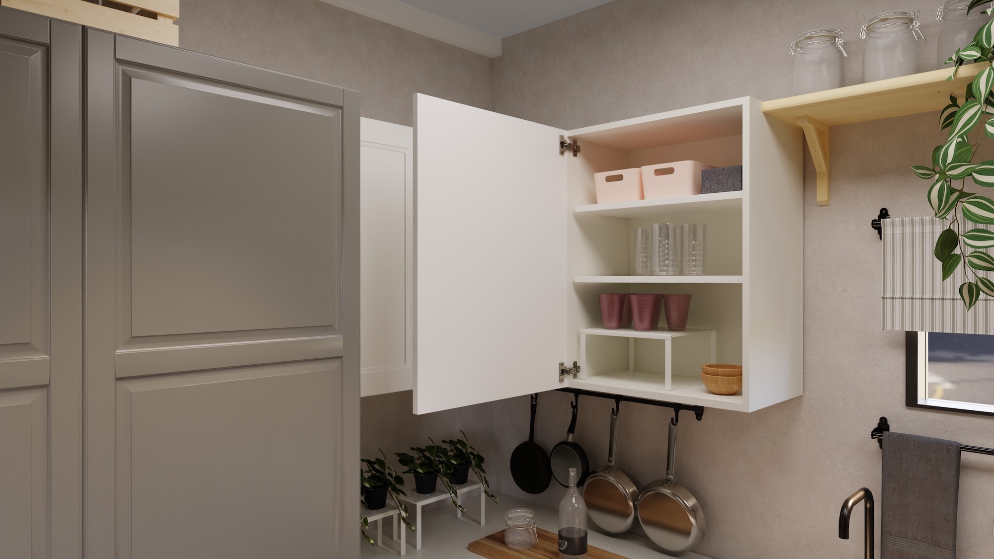 METOD kitchen with grey fronts and white/light grey stone effect/laminate worktop, including appliances, showing kitchen from 3 different angles with examples of how to utilise kitchen storage.