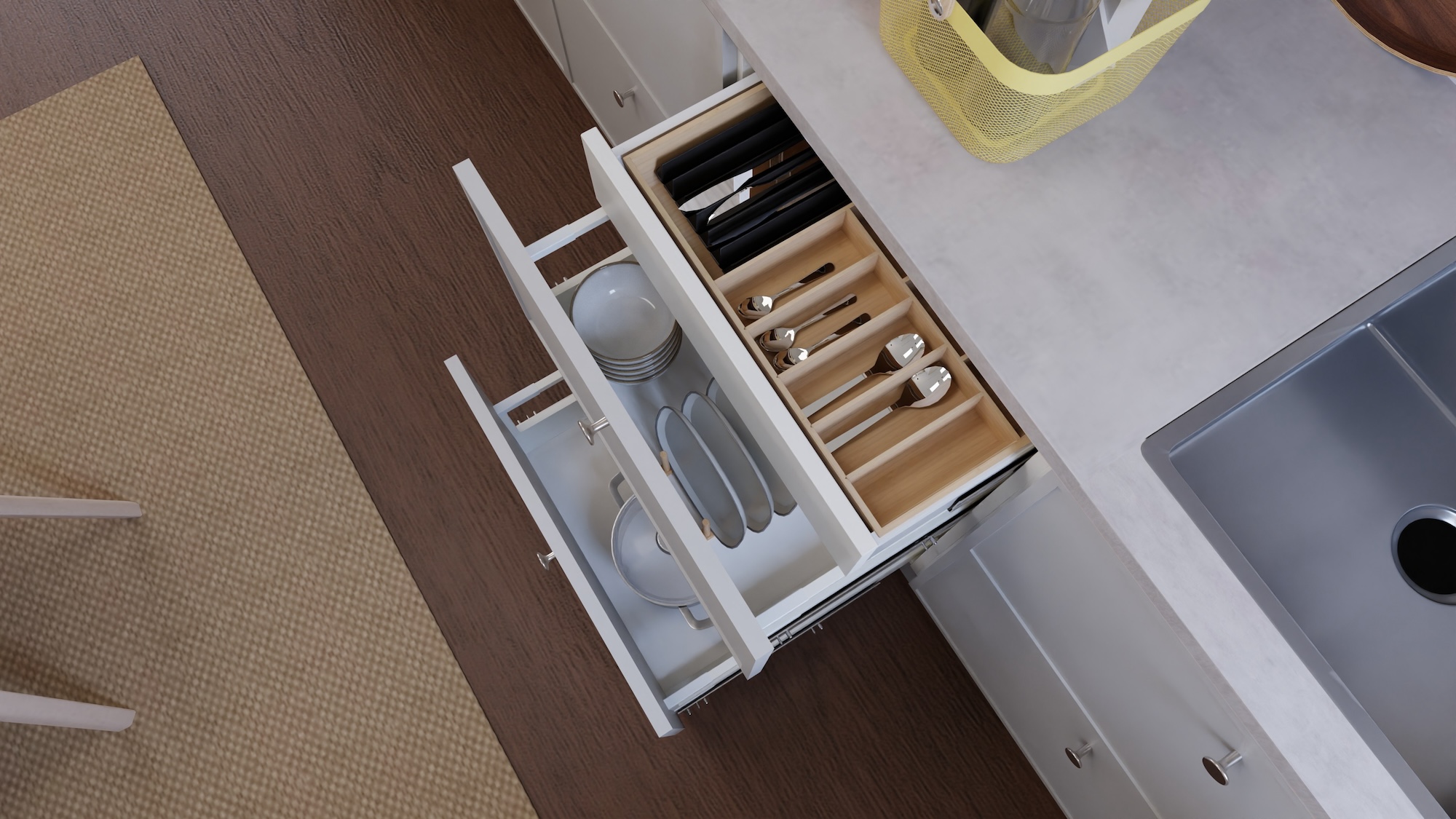 Kuchyně METOD s bílá vzor dřeva čely a světle šedá imitace betonu/laminát pracovní deskou, včetně spotřebičů, zobrazená ze 3 různých úhlů pohledu s ukázkou využití kuchyňských úložných prostor.