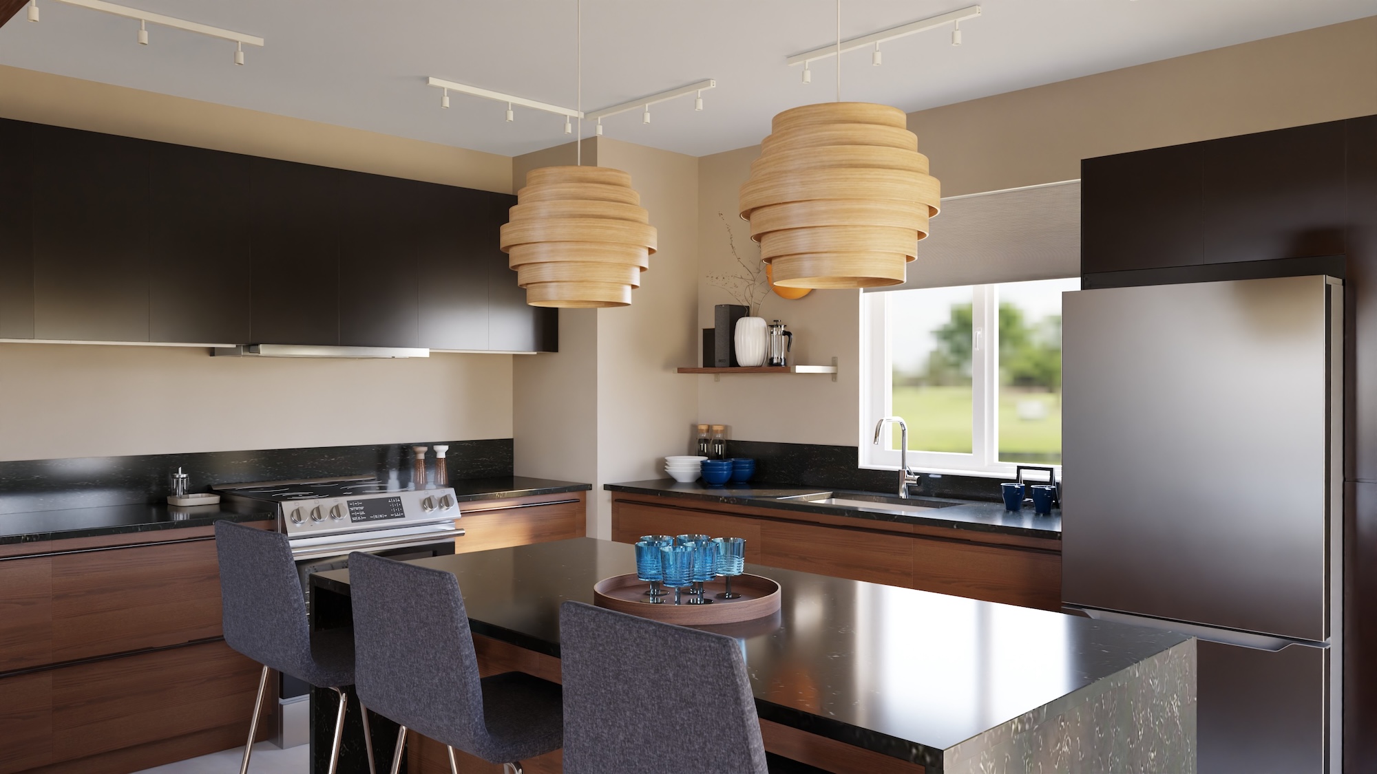 SEKTION kitchen with dark brown ash veneer fronts and black marble effect/glass composite worktop, including appliances, showing kitchen from 3 different angles with examples of how to utilise kitchen storage.