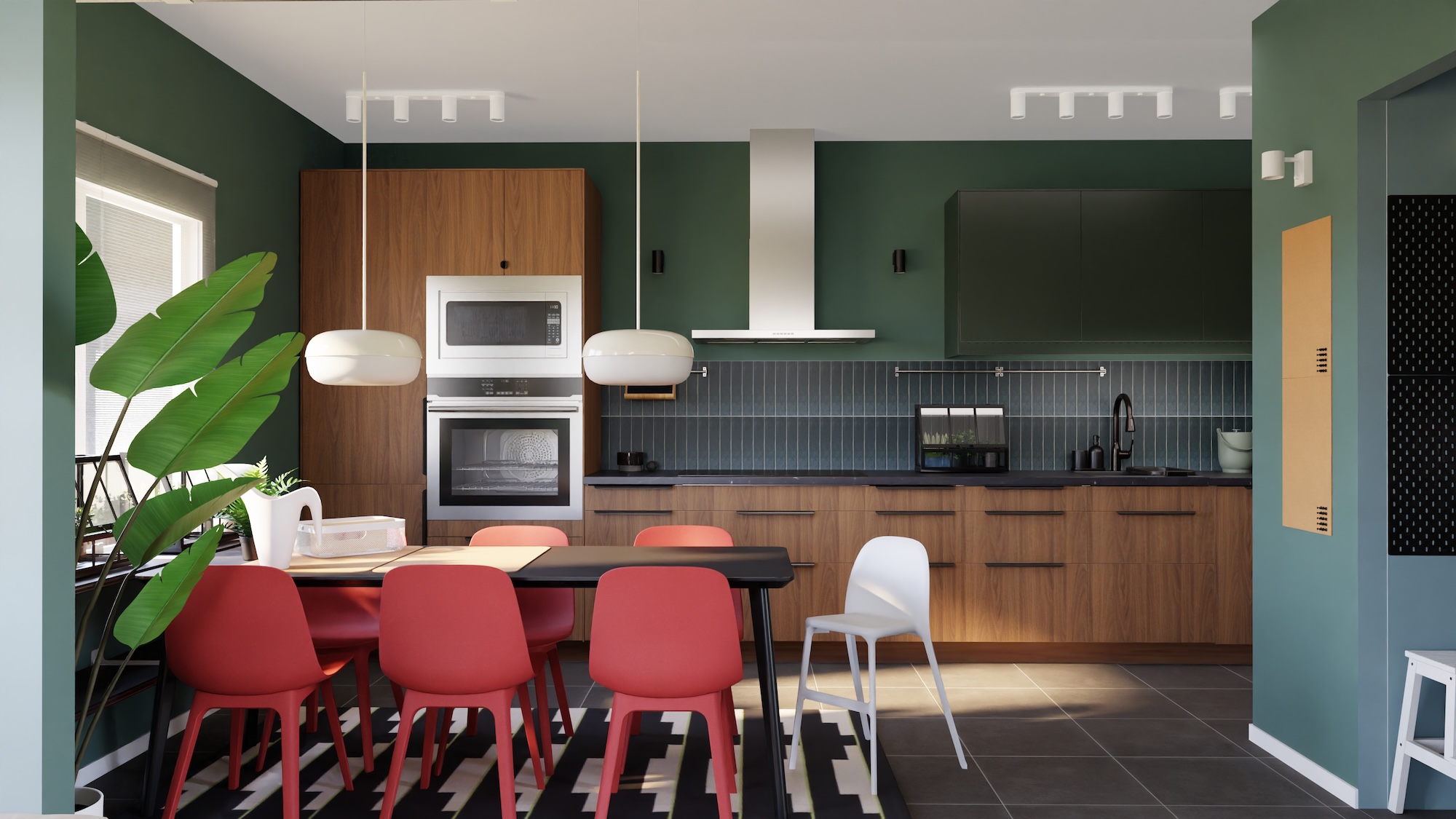 SEKTION kitchen with brown walnut effect fronts and dark gray stone effect/laminate worktop, including appliances, showing kitchen from 3 different angles with examples of how to utilise kitchen storage.