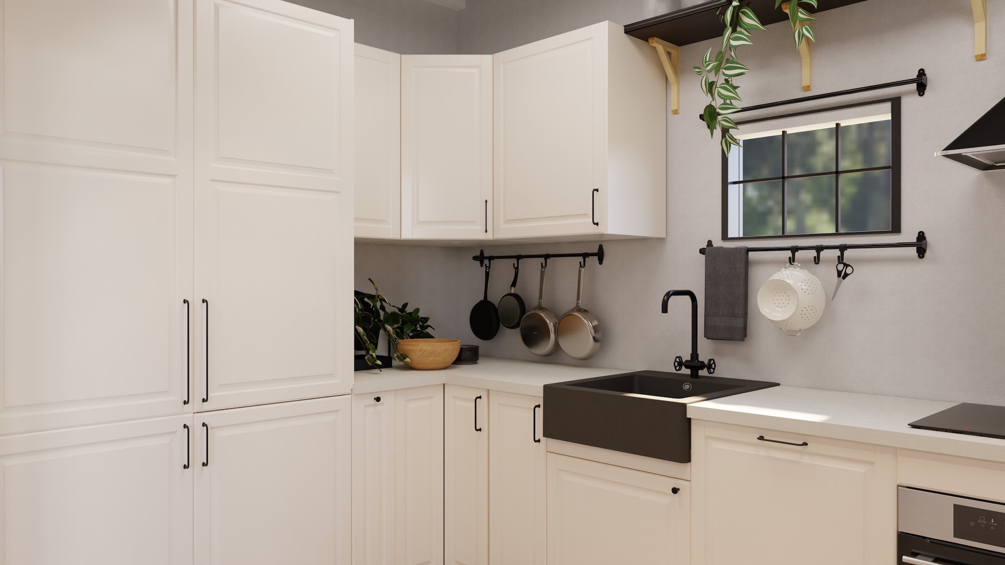 METOD kitchen with offwhite fronts and hvit/lys grå steinmønstret/laminat worktop, including appliances, showing kitchen from 3 different angles with examples of how to utilise kitchen storage.