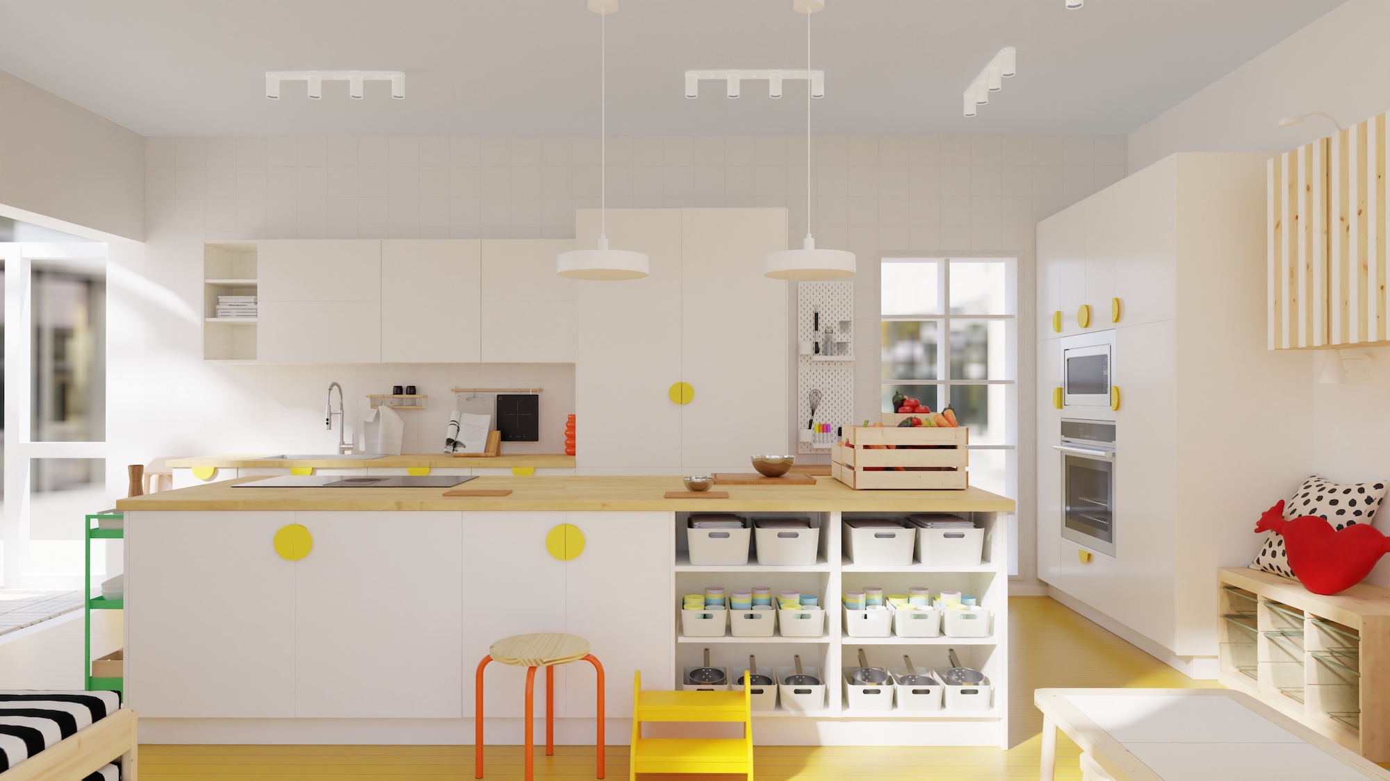 SEKTION kitchen with white fronts and birch/veneer worktop, including appliances, showing kitchen from 3 different angles with examples of how to utilise kitchen storage.