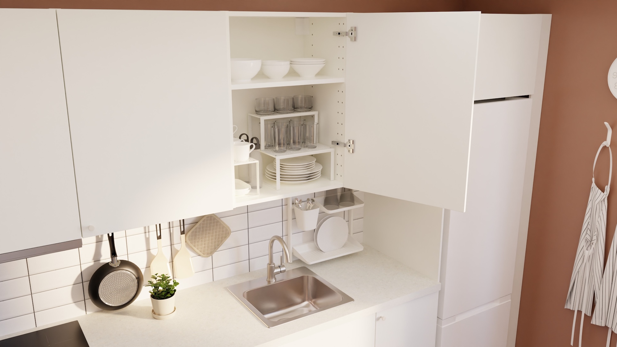 METOD kitchen with white fronts and light grey concrete effect/laminate worktop, including appliances, showing kitchen from 3 different angles with examples of how to utilise kitchen storage.