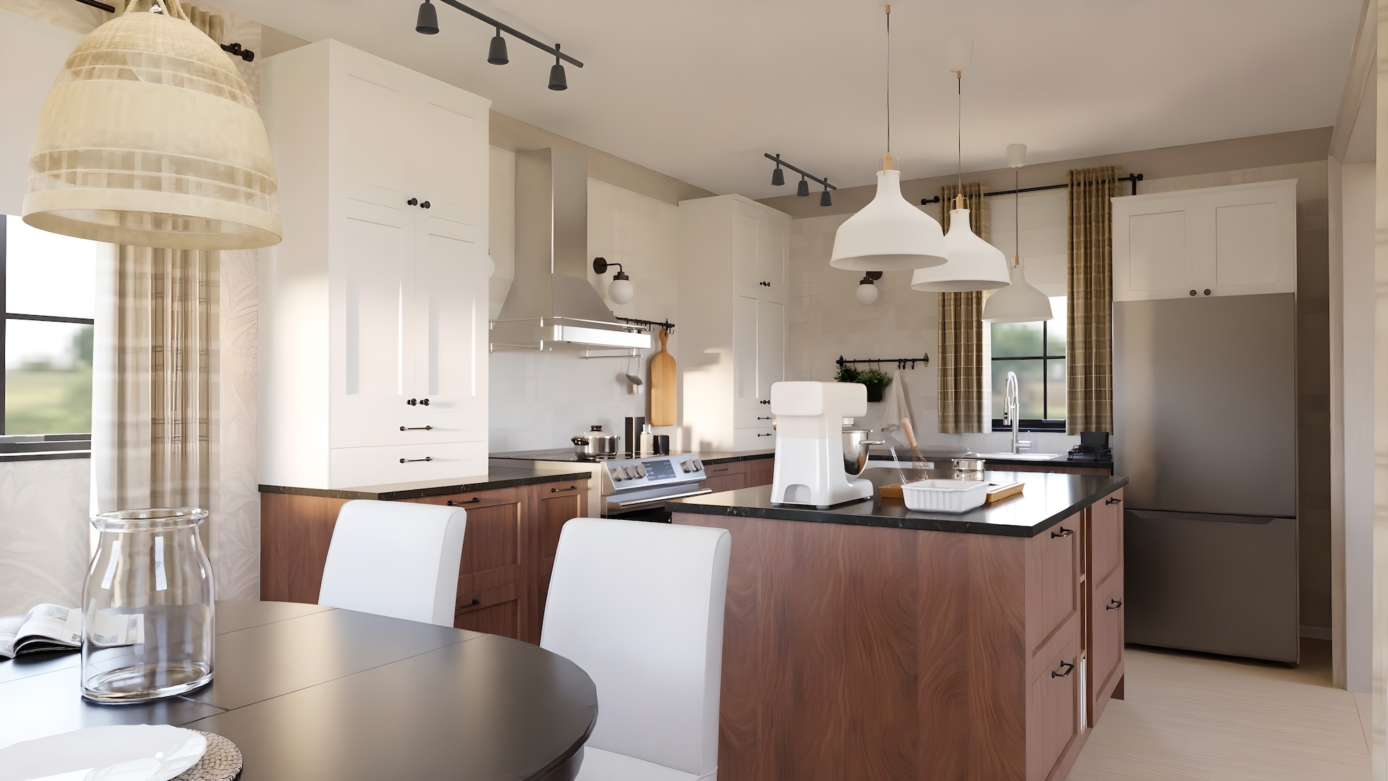 SEKTION kitchen with brown walnut effect fronts and black marble effect/glass composite worktop, including appliances, showing kitchen from 3 different angles with examples of how to utilise kitchen storage.