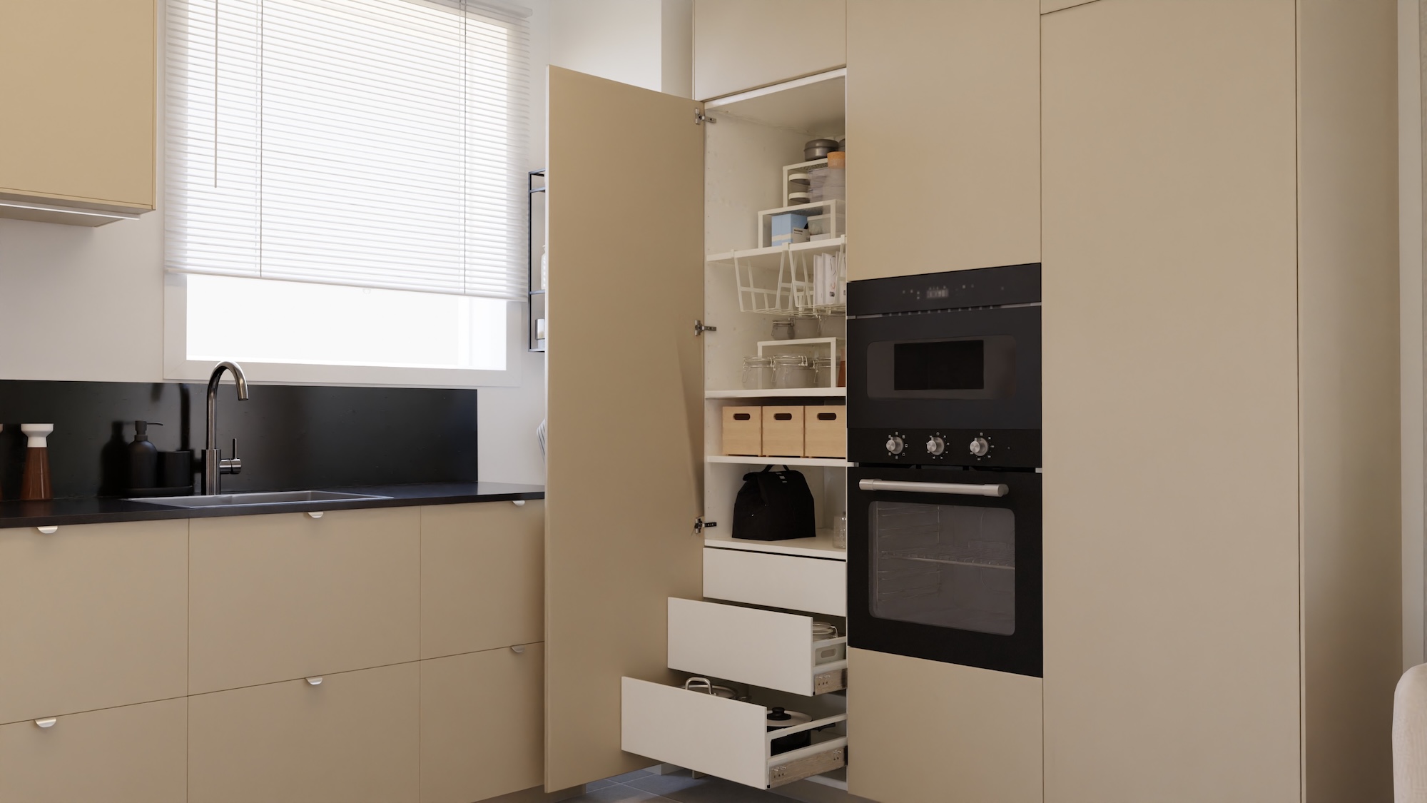 METOD keuken met beige fronten en zwart steenpatroon/kwarts werkblad, inclusief apparatuur, toont de keuken vanuit 3 verschillende hoeken met voorbeelden van het gebruik van keukenopbergruimte.