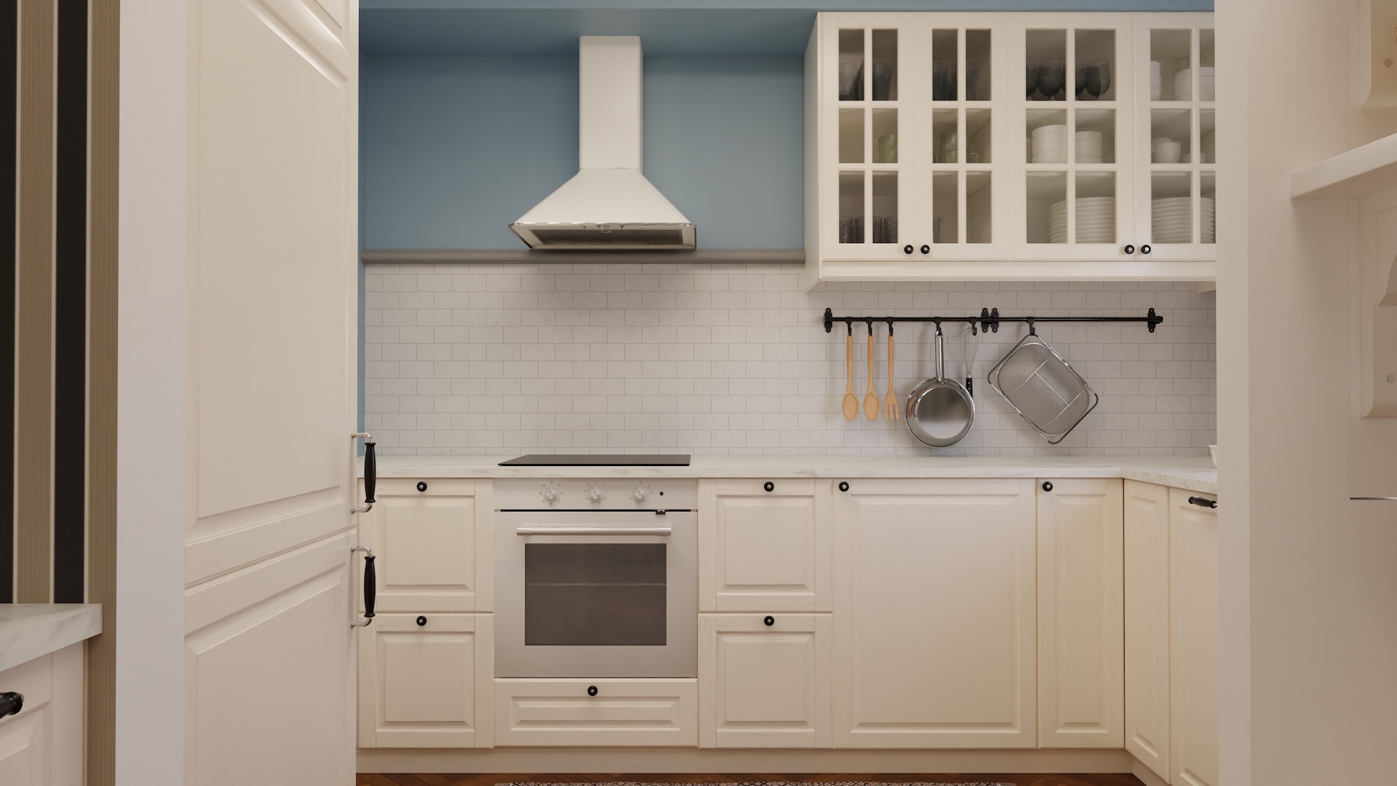 METOD kitchen with off-white fronts and white marble effect/laminate worktop, including appliances, showing kitchen from 3 different angles with examples of how to utilise kitchen storage.