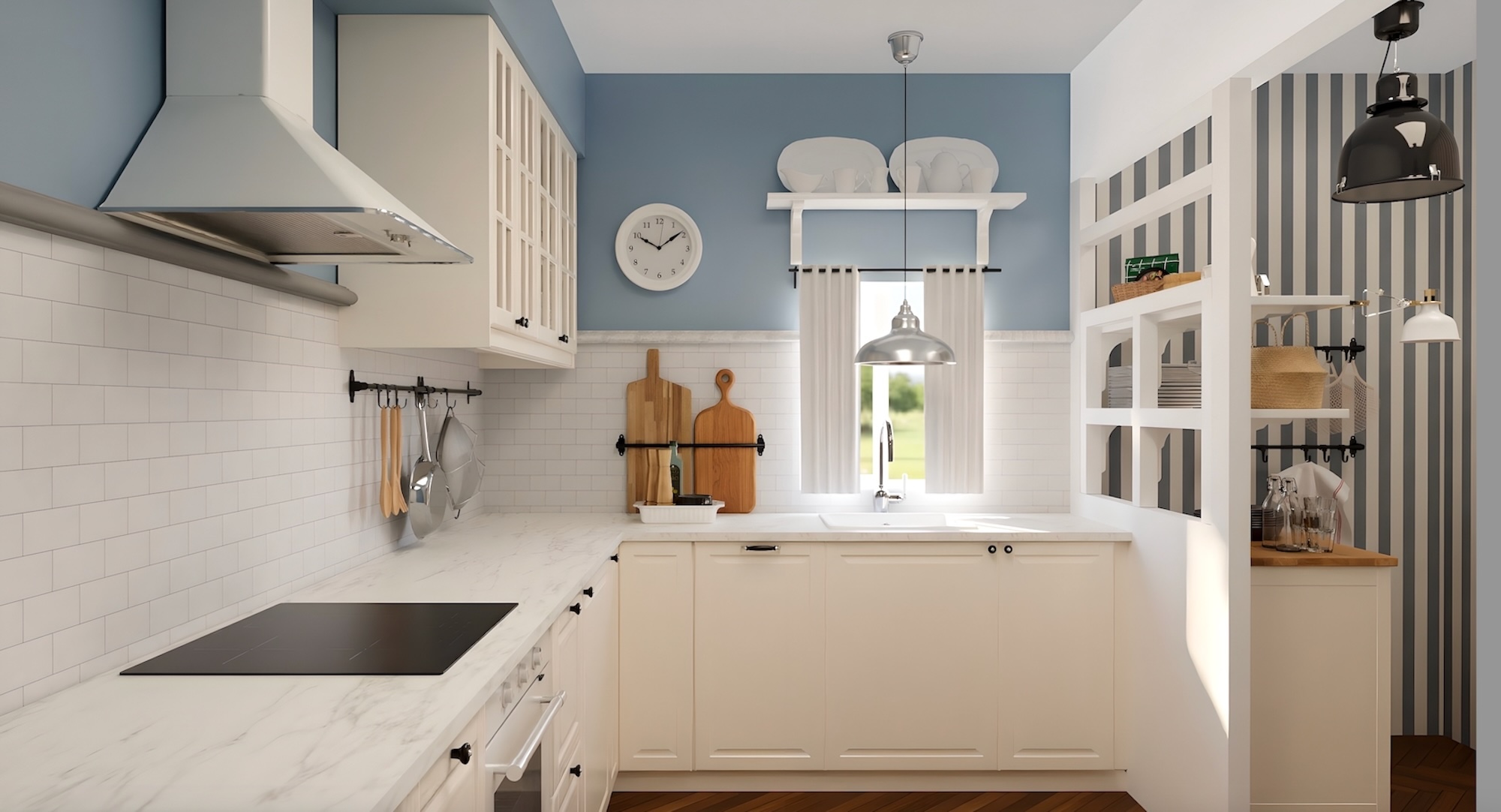 METOD kitchen with off-white fronts and white marble effect/laminate worktop, including appliances, showing kitchen from 3 different angles with examples of how to utilise kitchen storage.