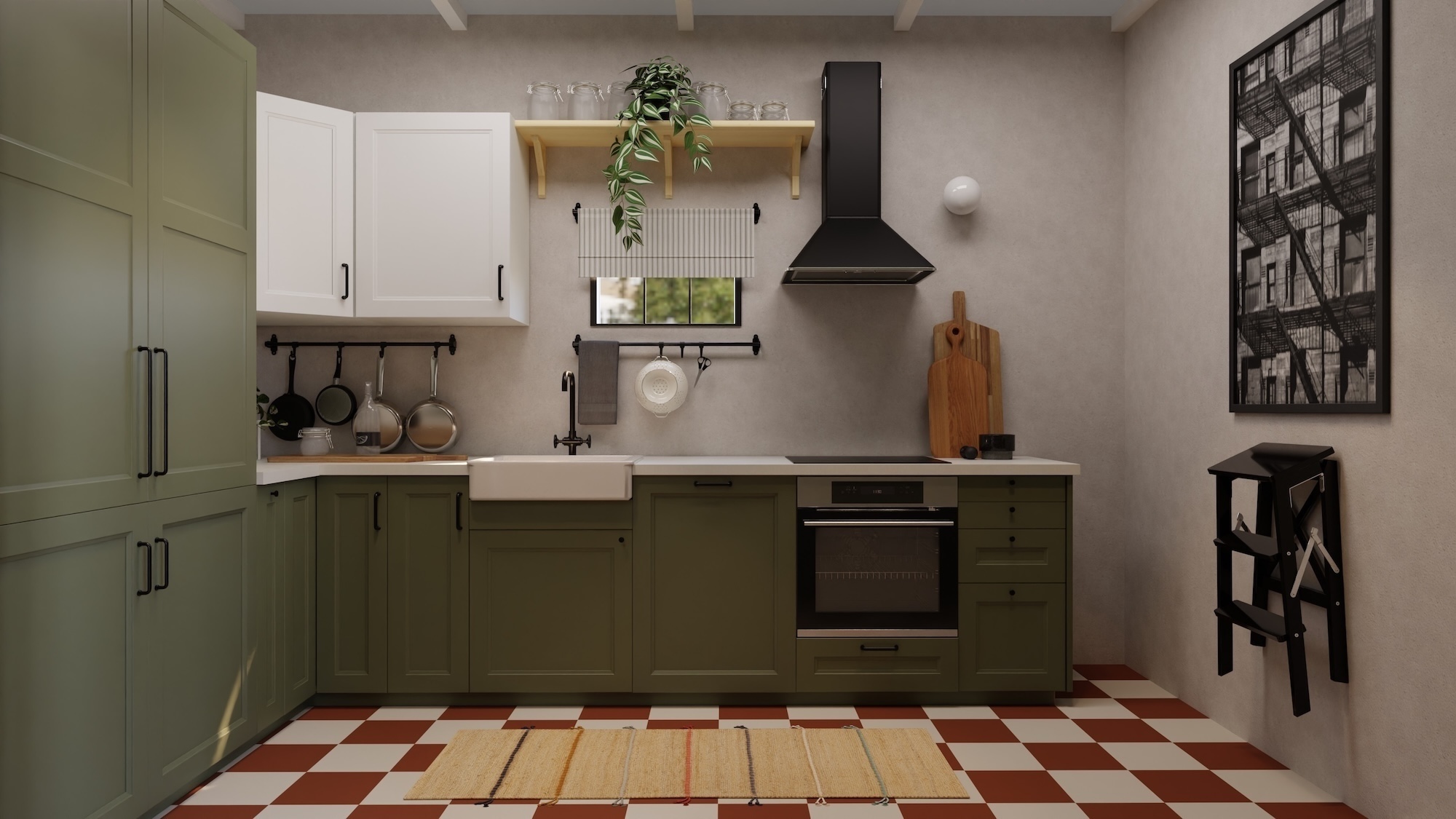 METOD kitchen with grey-green fronts and white/light grey stone effect/laminate worktop, including appliances, showing kitchen from 3 different angles with examples of how to utilise kitchen storage.