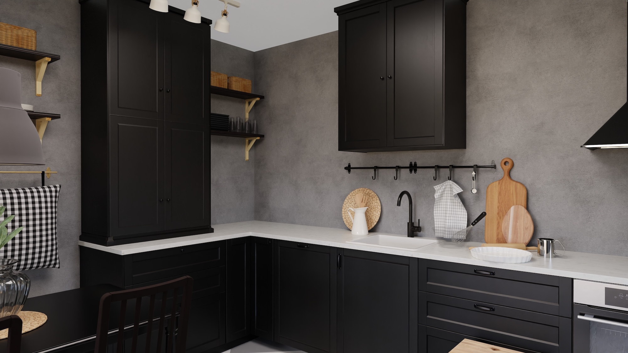 METOD kitchen with mustaksi petsattu fronts and valkoinen marmorikuvio/laminaatti worktop, including appliances, showing kitchen from 3 different angles with examples of how to utilise kitchen storage.