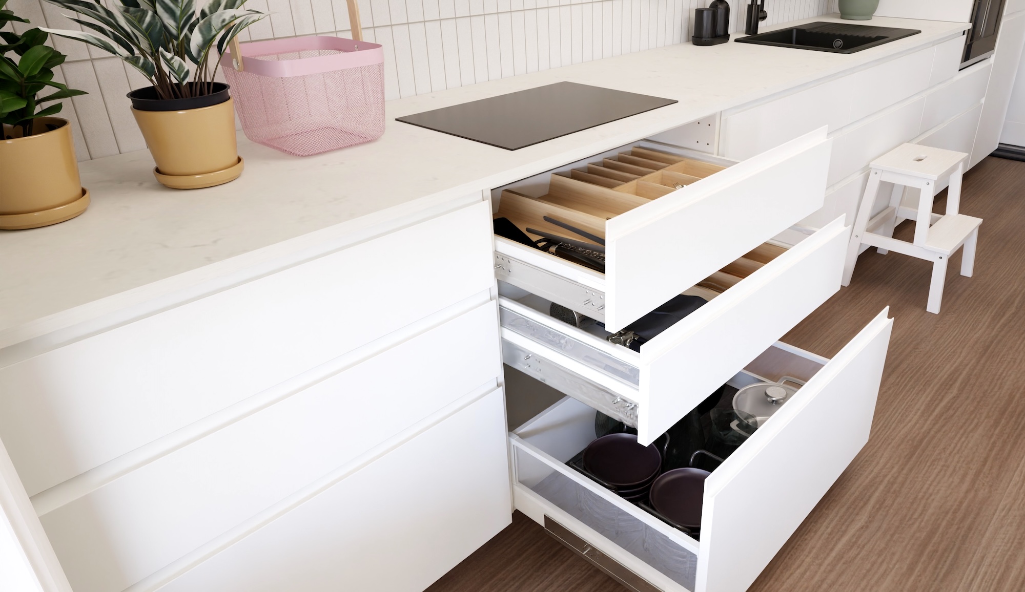 METOD kök med matt vit fronter och vit marmormönstrad/kompositsten bänkskiva, inklusive vitvaror, visar köket från 3 olika vinklar med exempel på hur man kan använda köksförvaringen.