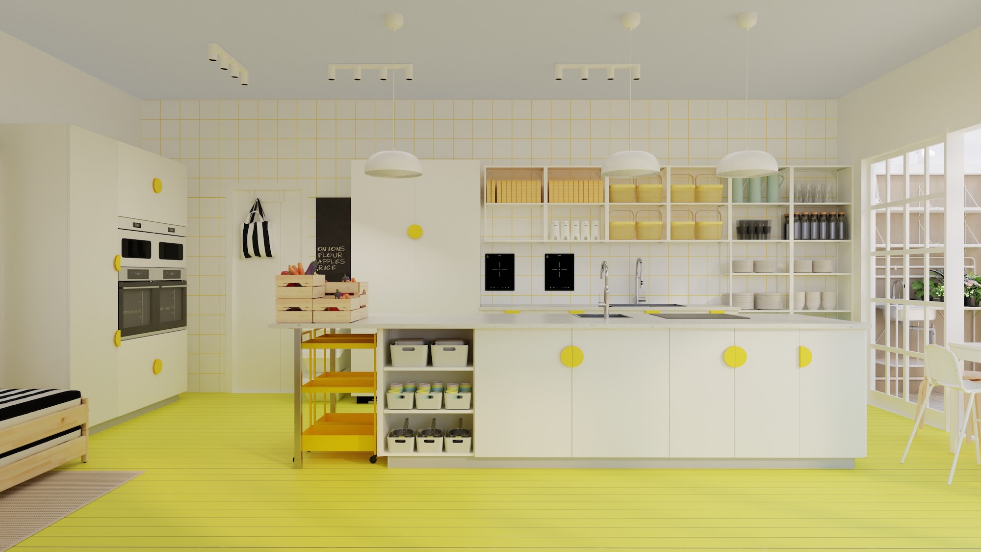METOD kitchen with white fronts and white marble effect/laminate worktop, including appliances, showing kitchen from 3 different angles with examples of how to utilise kitchen storage.