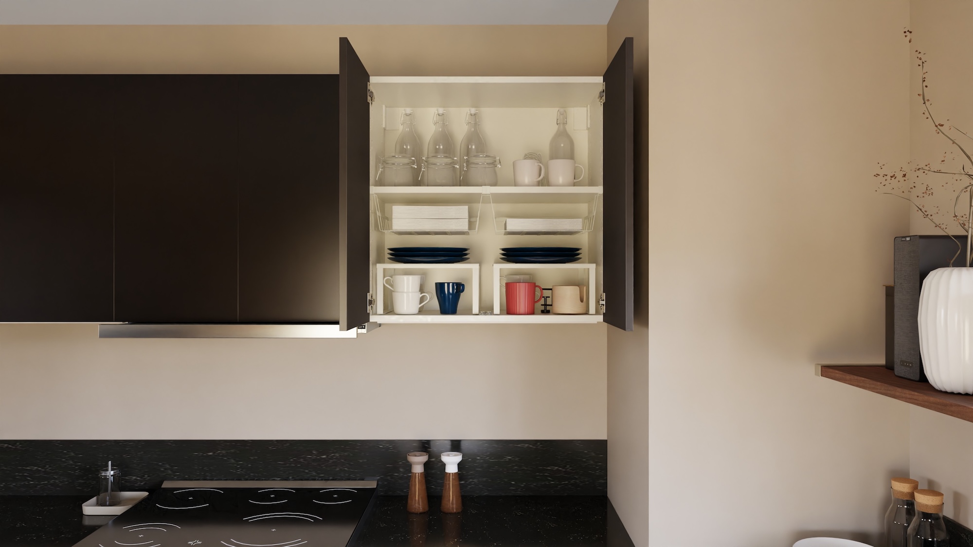 SEKTION kitchen with dark brown ash veneer fronts and black marble effect/glass composite worktop, including appliances, showing kitchen from 3 different angles with examples of how to utilise kitchen storage.