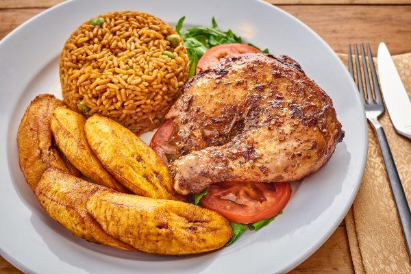 Fried rice with peppered Turkey and fried plantain