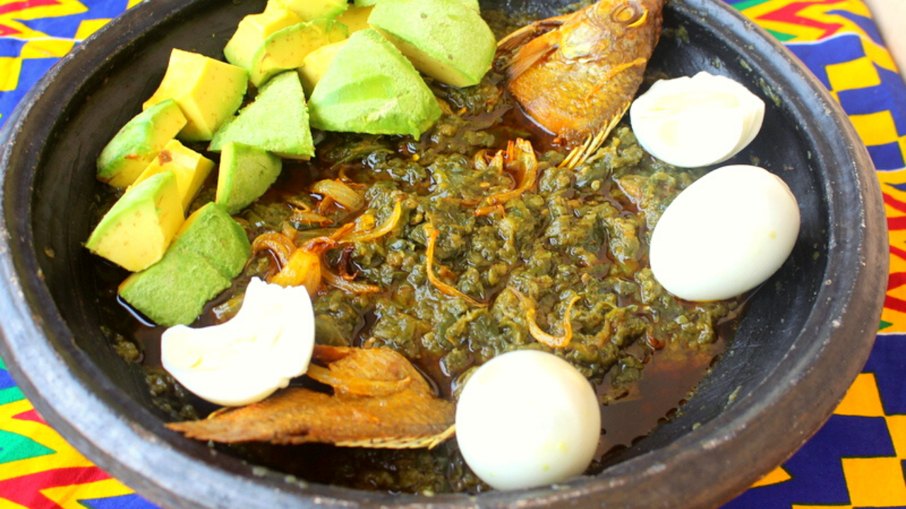 Kontomire abom with koobi and boiled eggs