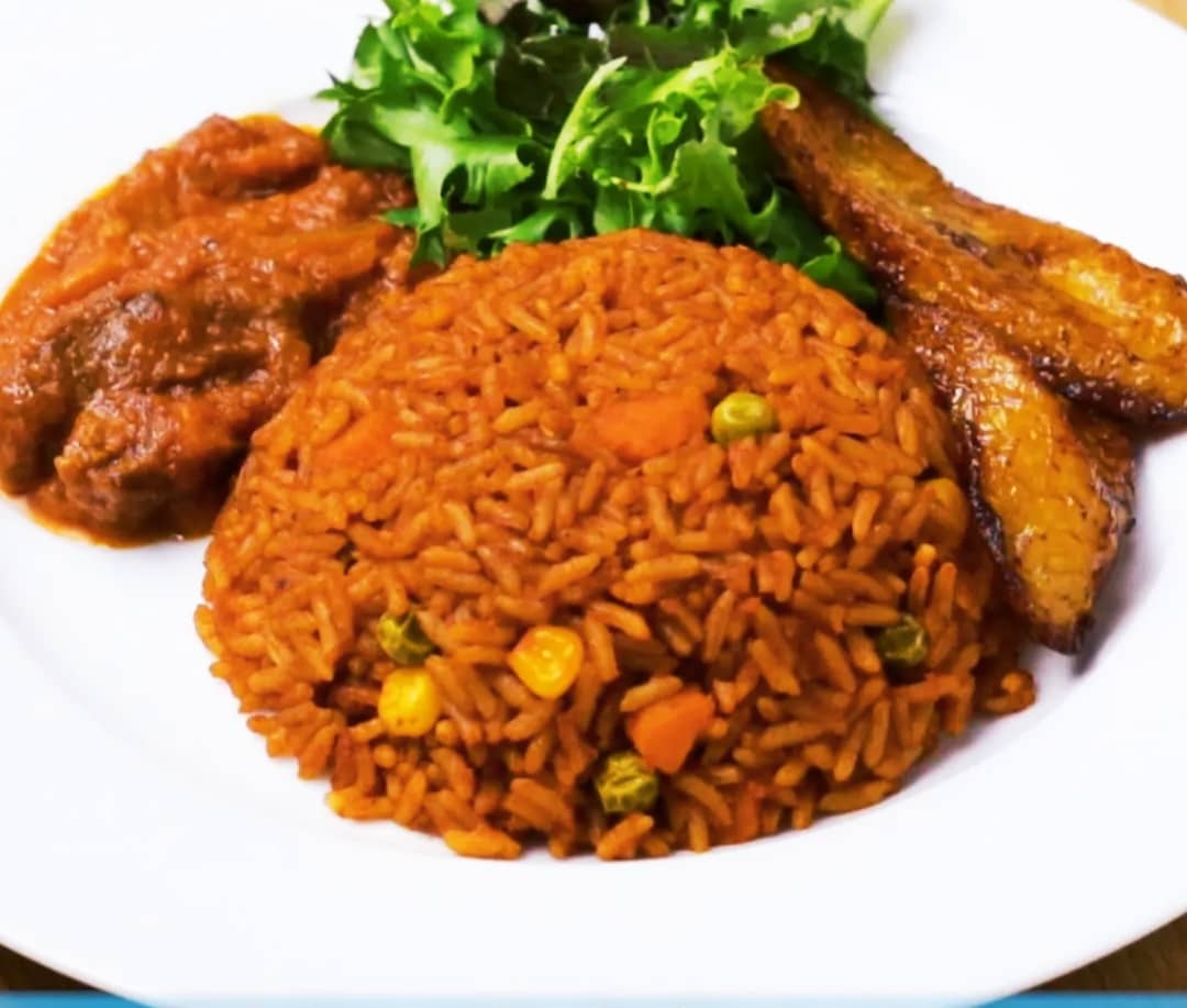 Jollof Rice with Chicken, Salad and Plantain