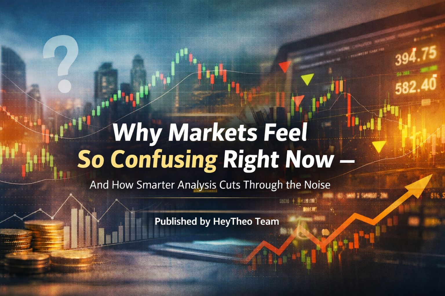 Overlapping candlestick charts and a question mark over a city skyline and price tickers