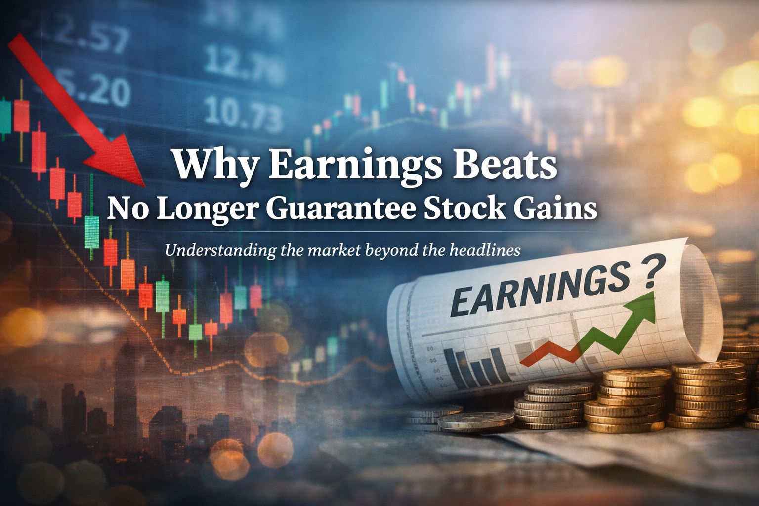 Red arrow falling across candlesticks beside a newspaper headed Earnings? and coin stacks