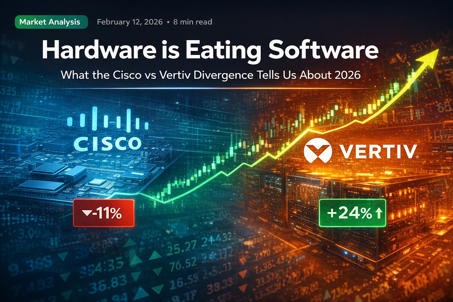 Cisco with a red minus 11% badge and Vertiv with a green plus 24% badge across a rising chart